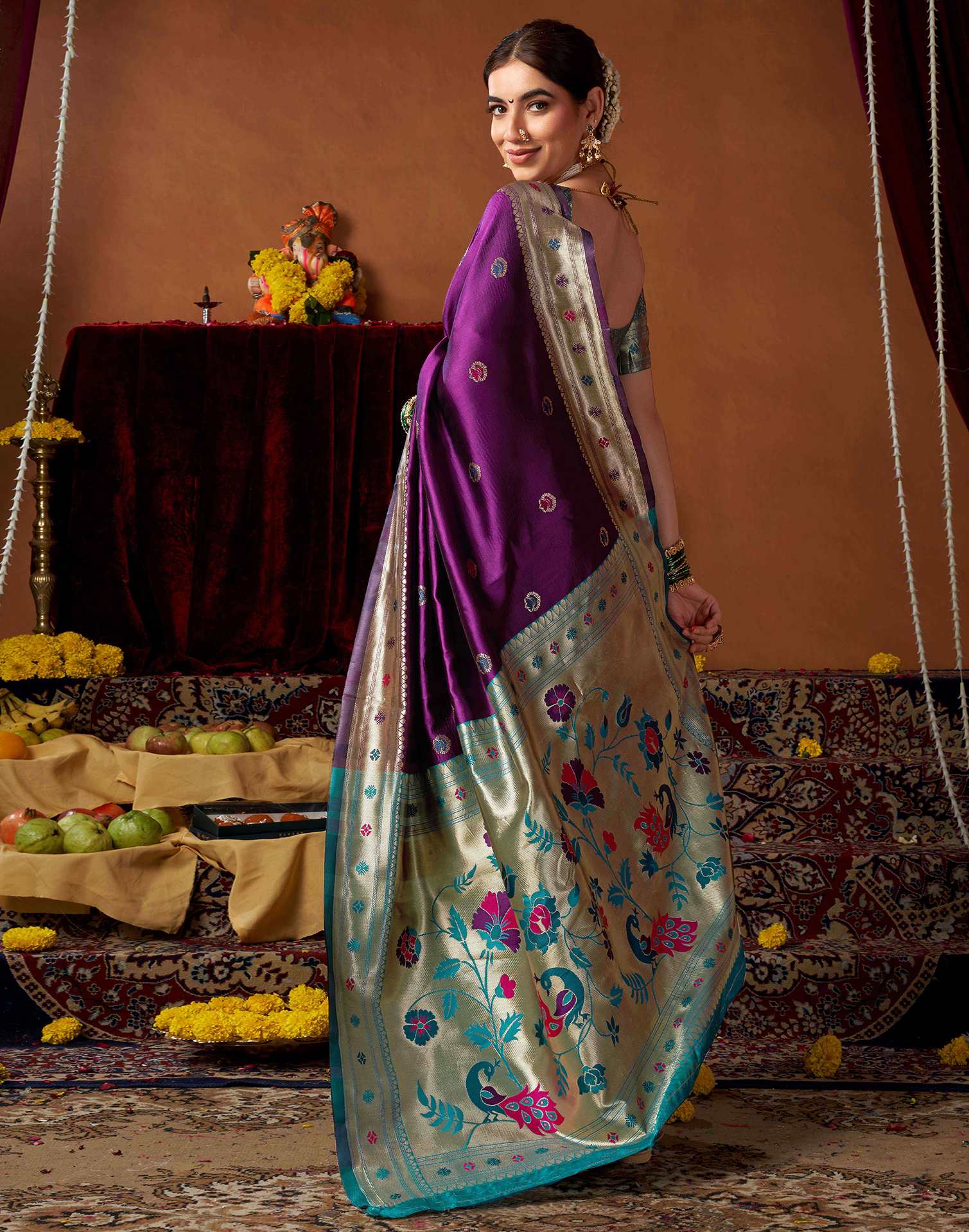 Dark Purple Silk Paithani Chaturthi Saree - Image 6