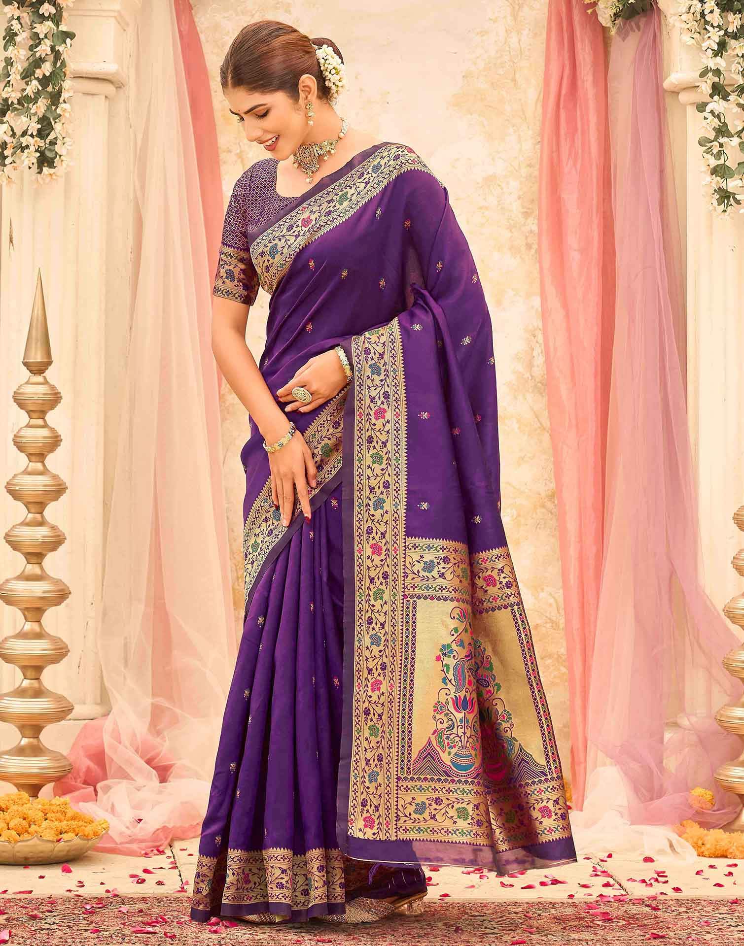 Dark Purple Silk Woven Paithani Saree - Image 4