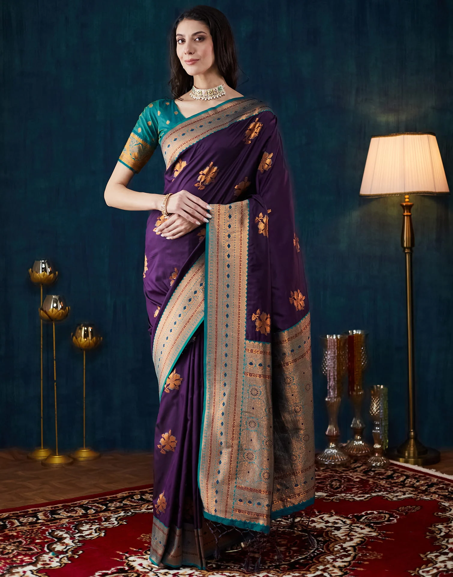 Wine Silk Woven Banarasi Saree - Image 6
