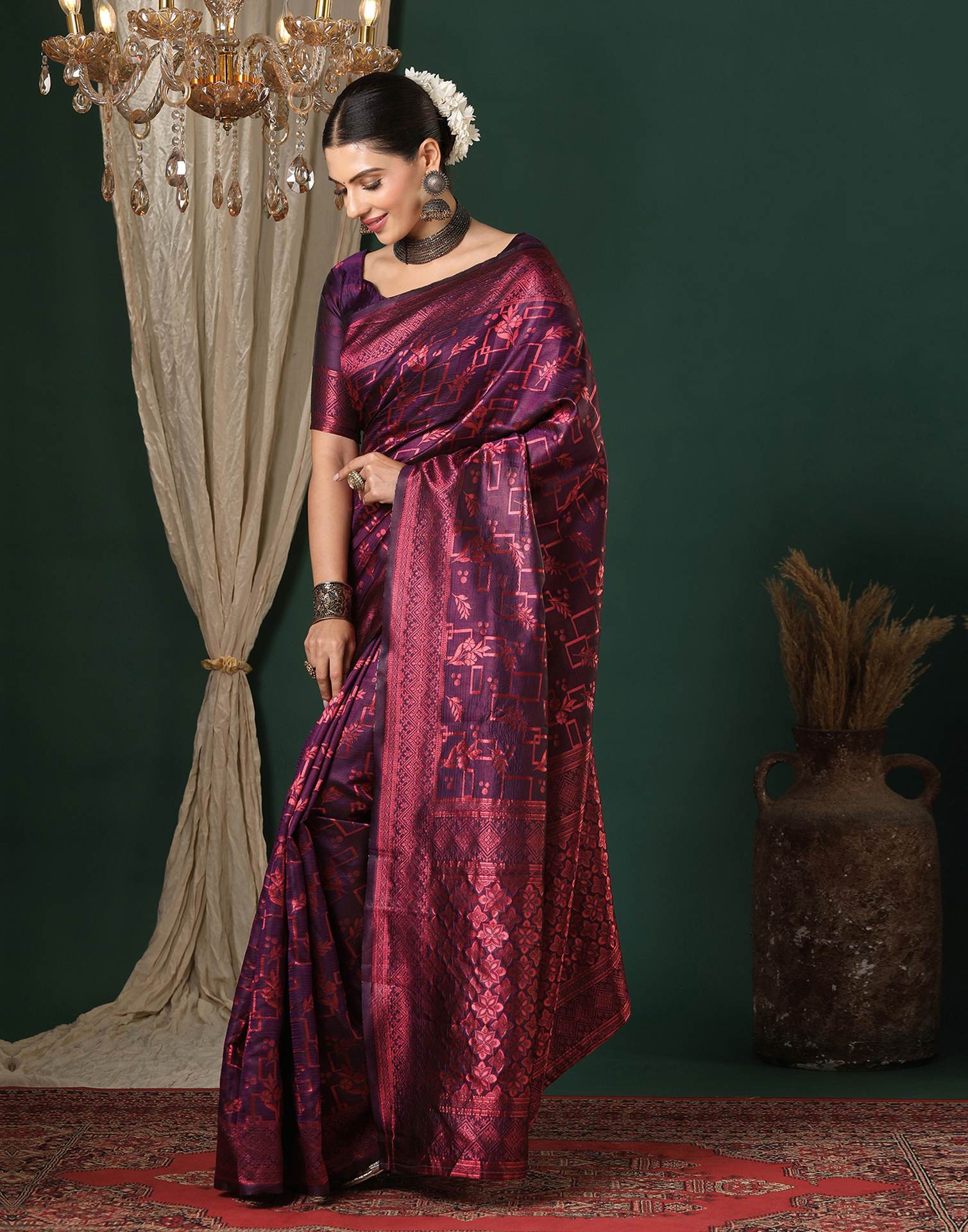 Dark Purple Silk Woven Banarasi Saree - Image 4