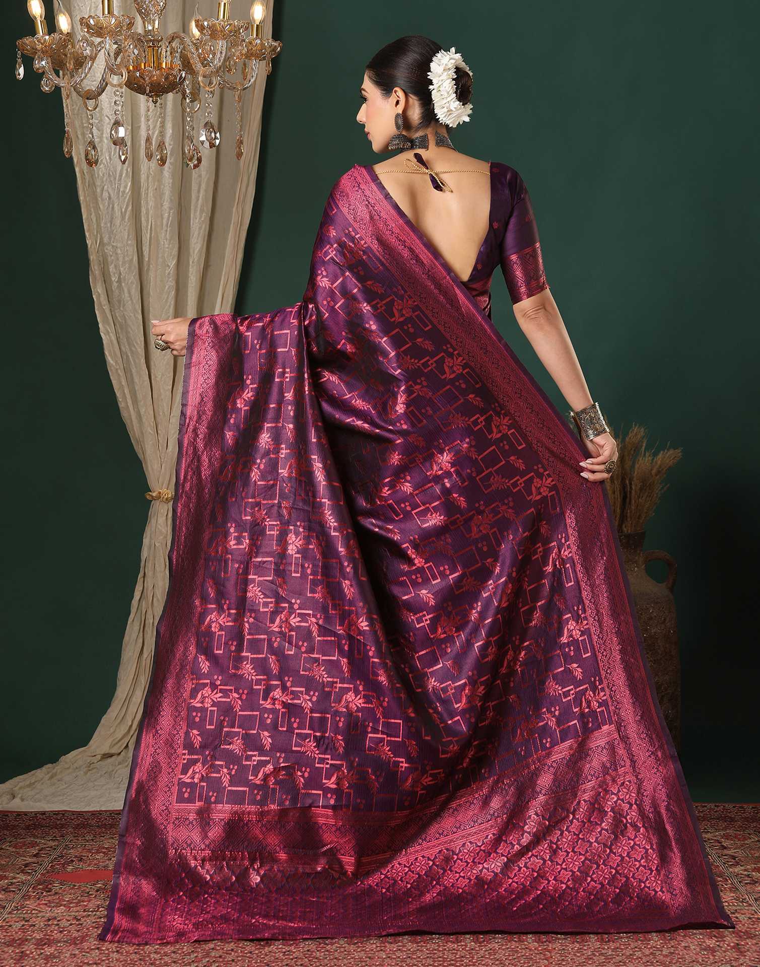 Dark Purple Silk Woven Banarasi Saree - Image 5