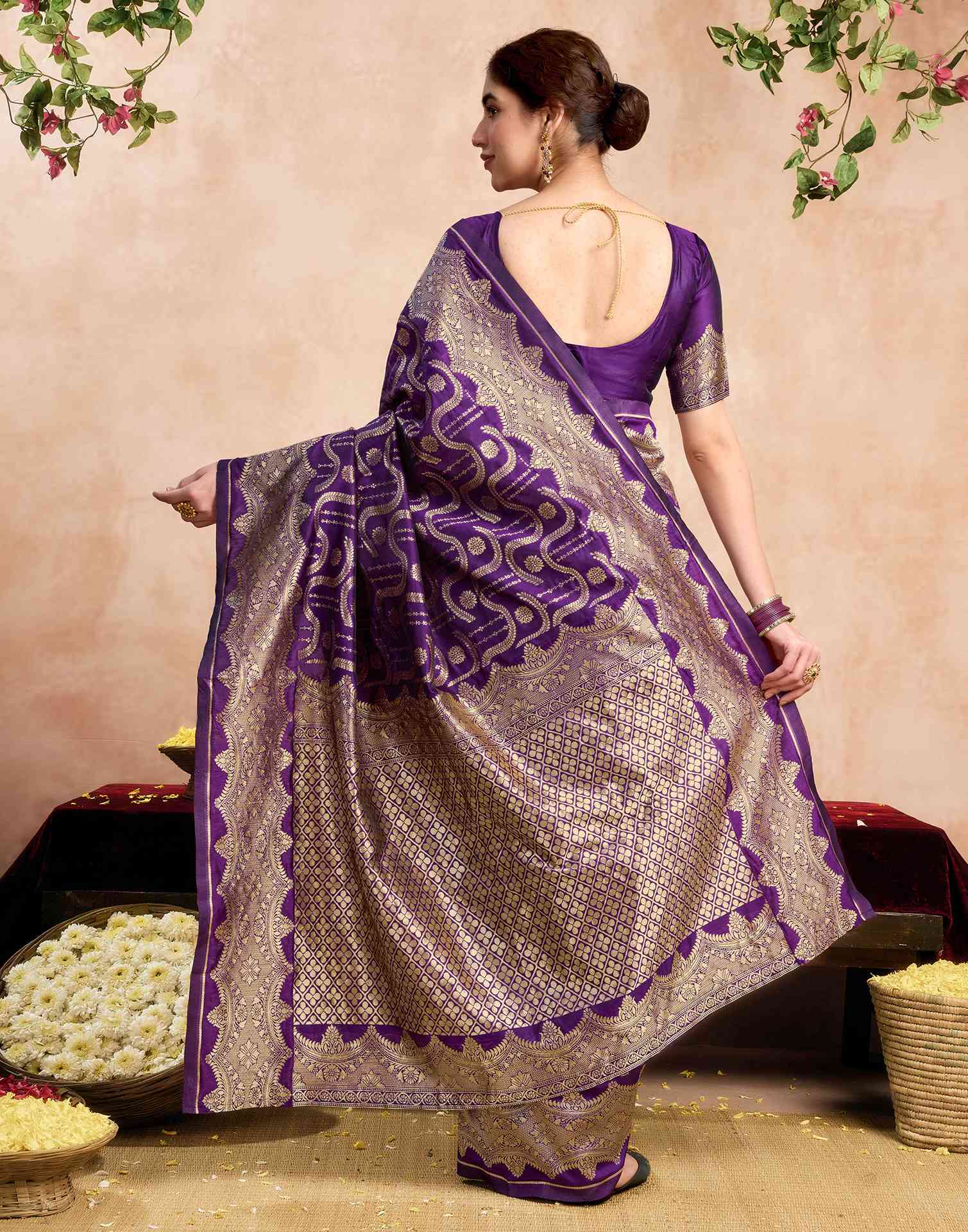 Dark Purple Silk Woven Banarasi Saree - Image 6