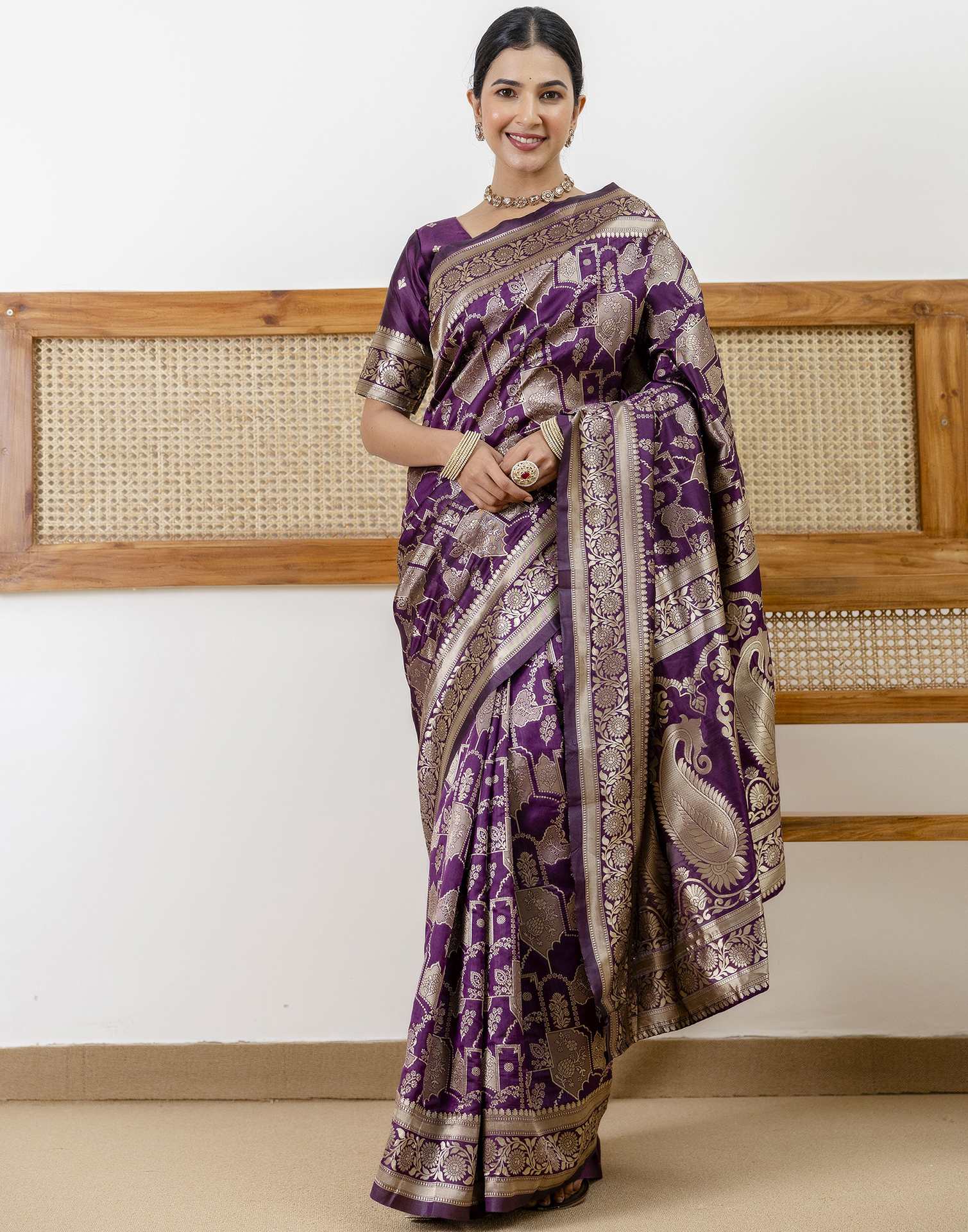 Dark Purple Silk Woven Banarasi Saree - Image 2