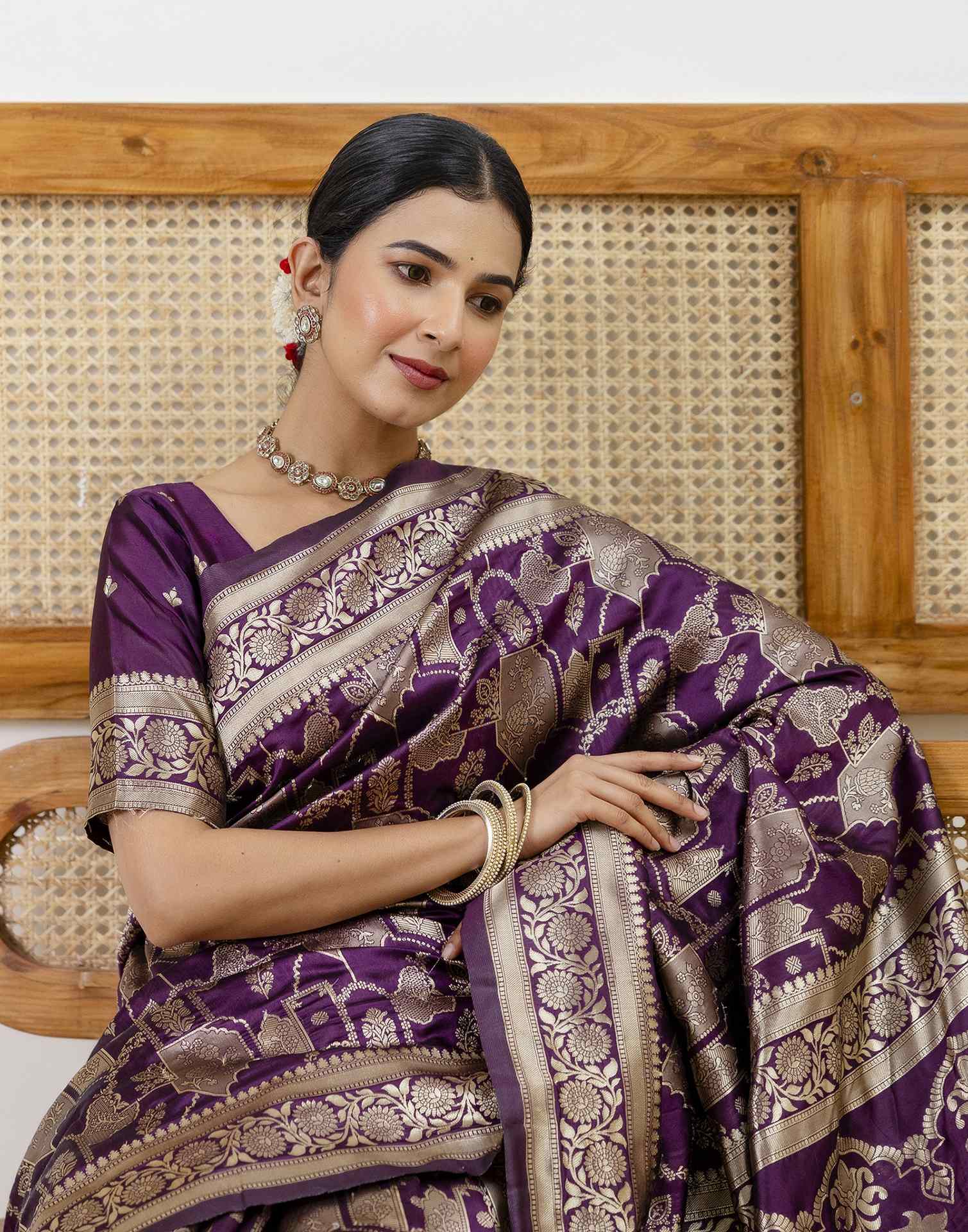 Dark Purple Silk Woven Banarasi Saree - Image 4