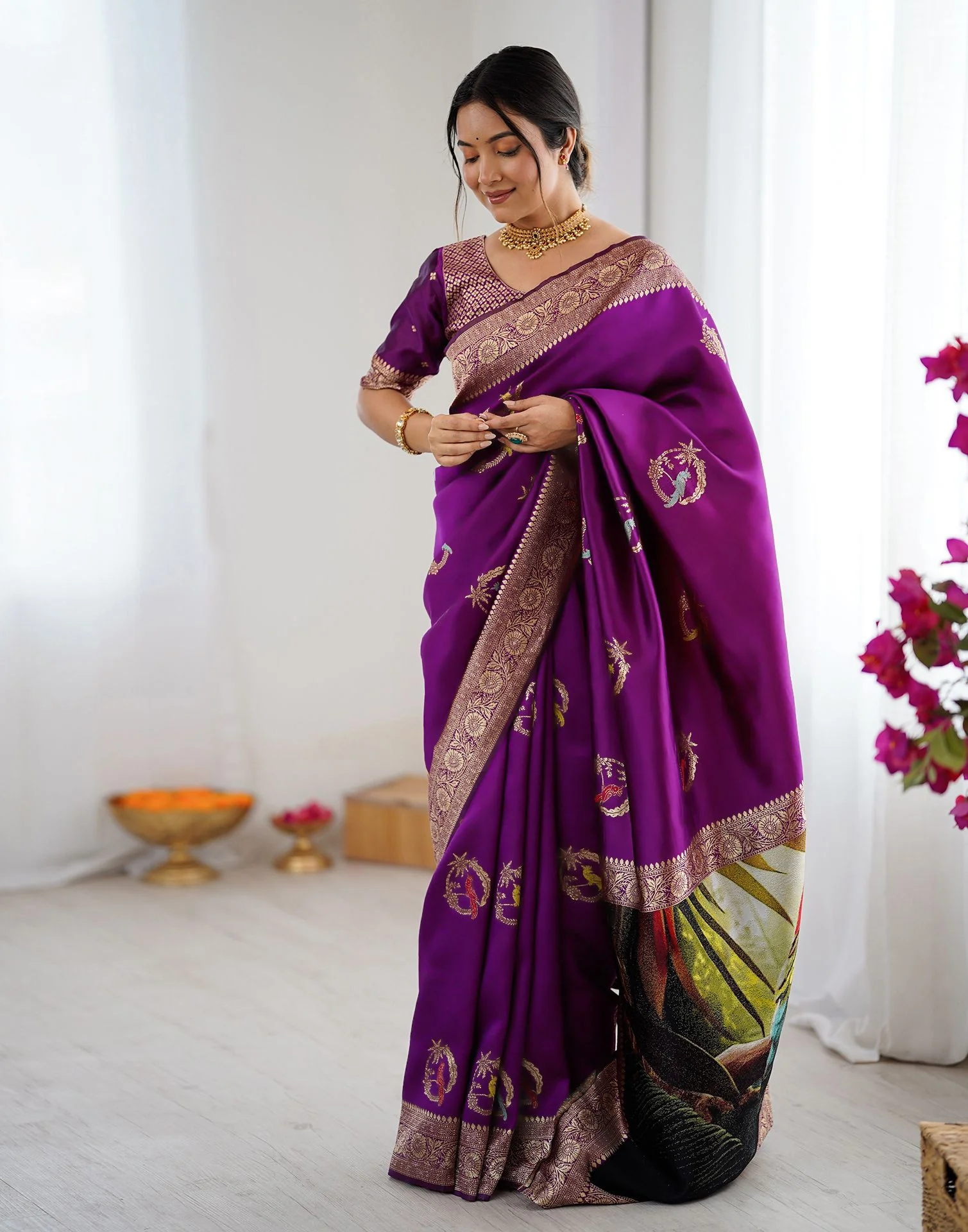 Dark Purple Silk Woven Saree - Image 2