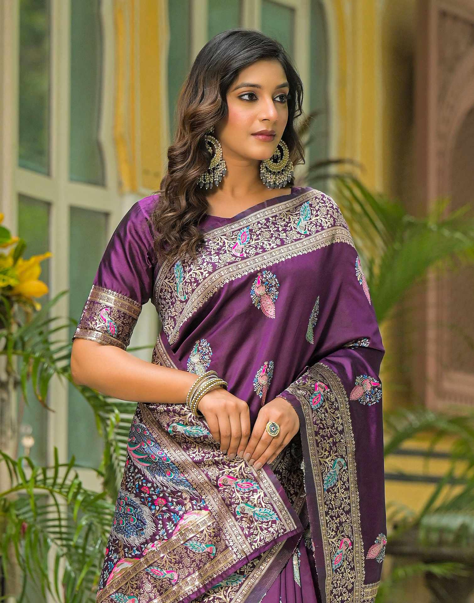 Dark Purple Silk Woven Banarasi Saree - Image 8