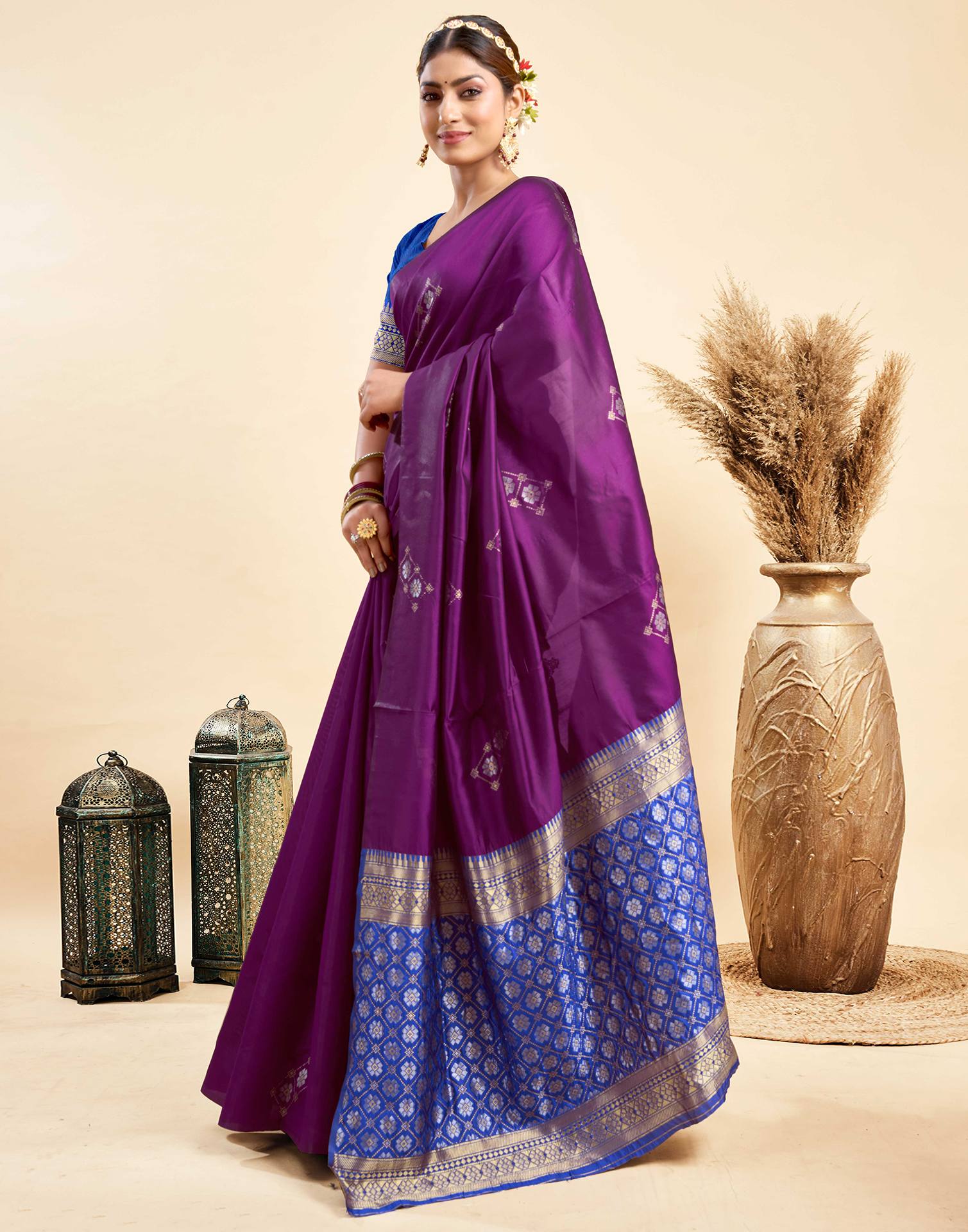 Dark Purple Silk Woven Kanjivaram Saree - Image 5