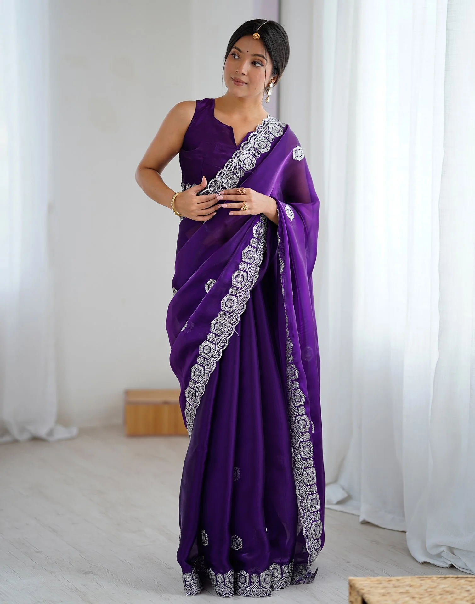 Dark Purple Tissue Silk Embroidery Saree