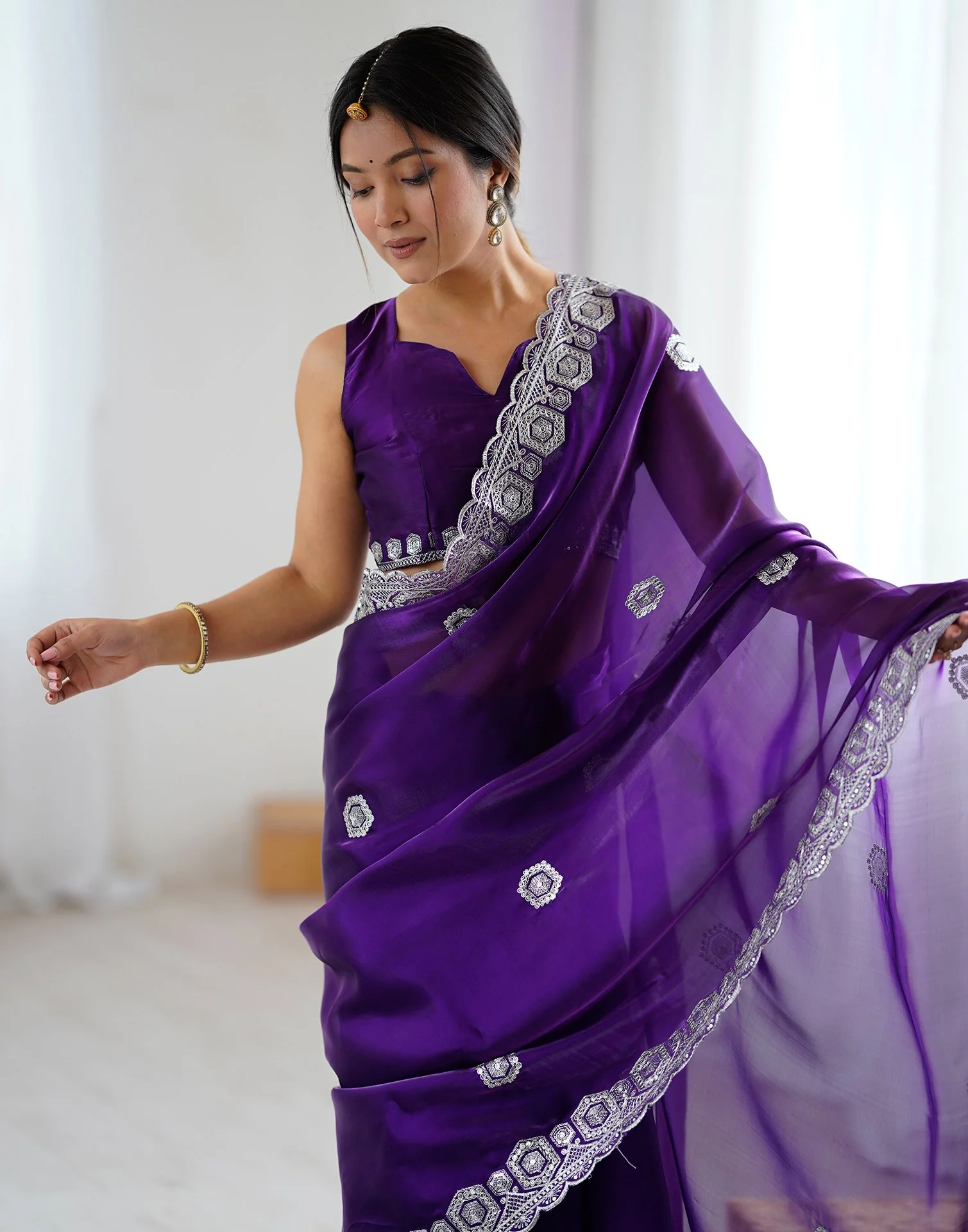 Dark Purple Tissue Silk Embroidery Saree - Image 10