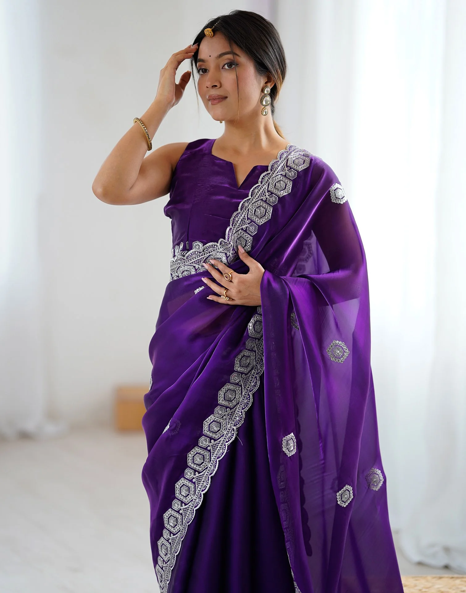 Dark Purple Tissue Silk Embroidery Saree - Image 11