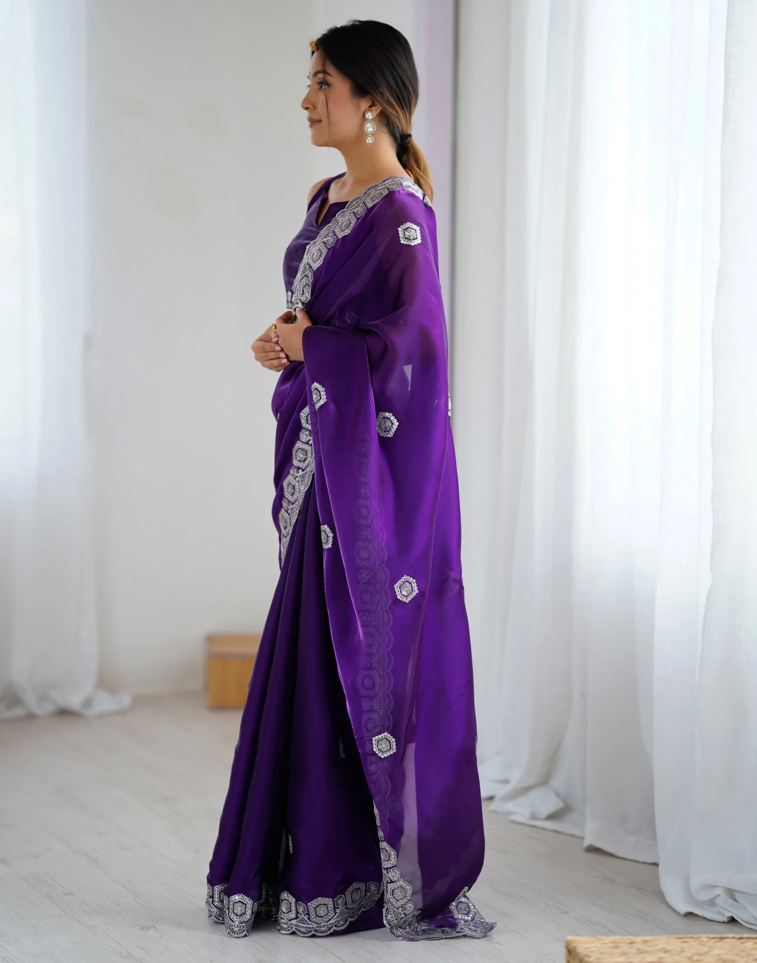 Dark Purple Tissue Silk Embroidery Saree - Image 4