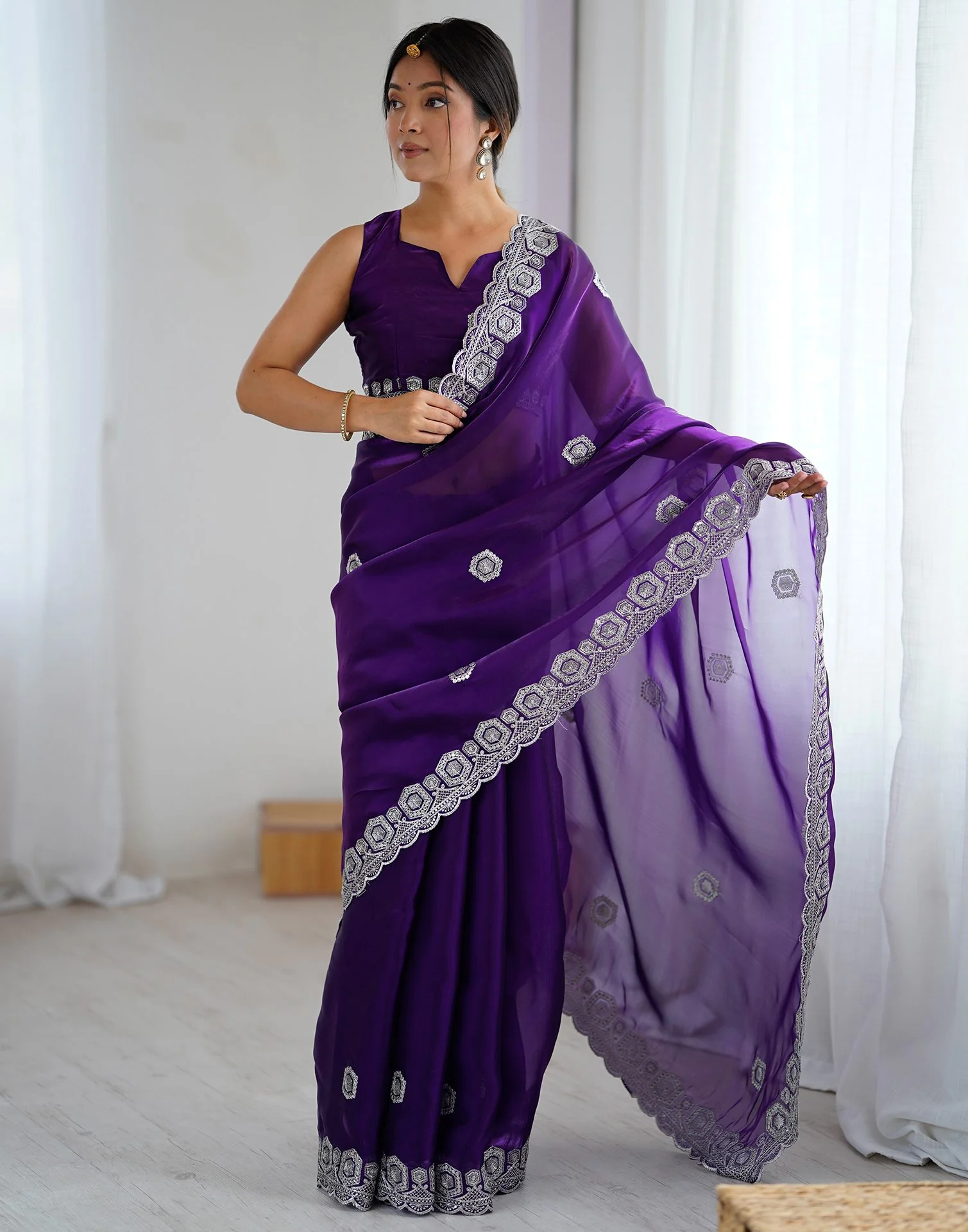 Dark Purple Tissue Silk Embroidery Saree - Image 7