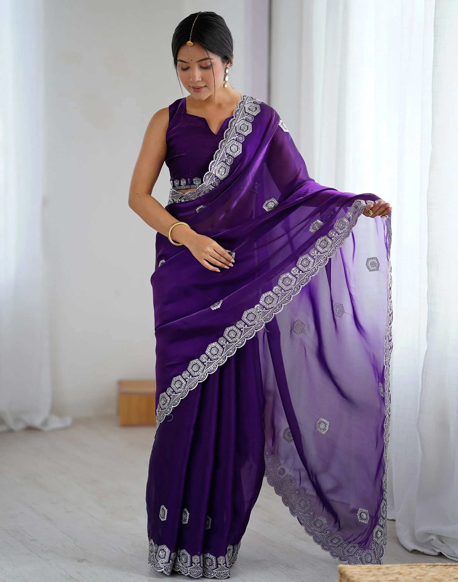 Dark Purple Tissue Silk Embroidery Saree - Image 8