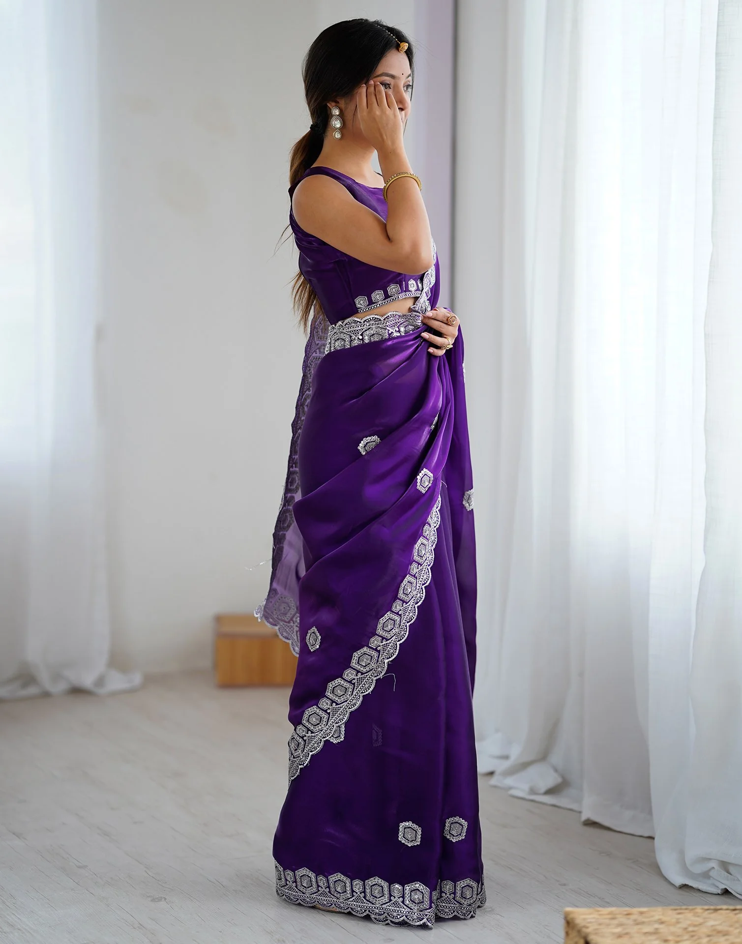 Dark Purple Tissue Silk Embroidery Saree - Image 9