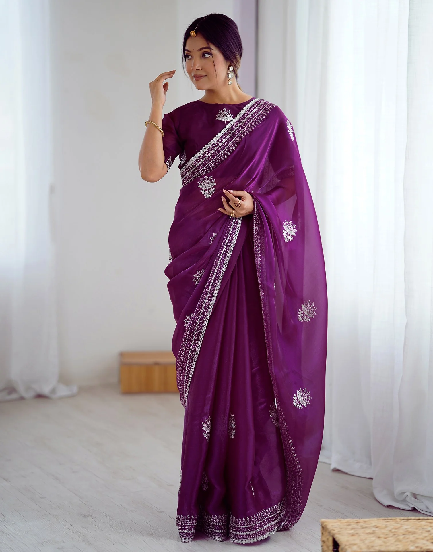 Dark Purple Tissue Silk Embroidery Saree