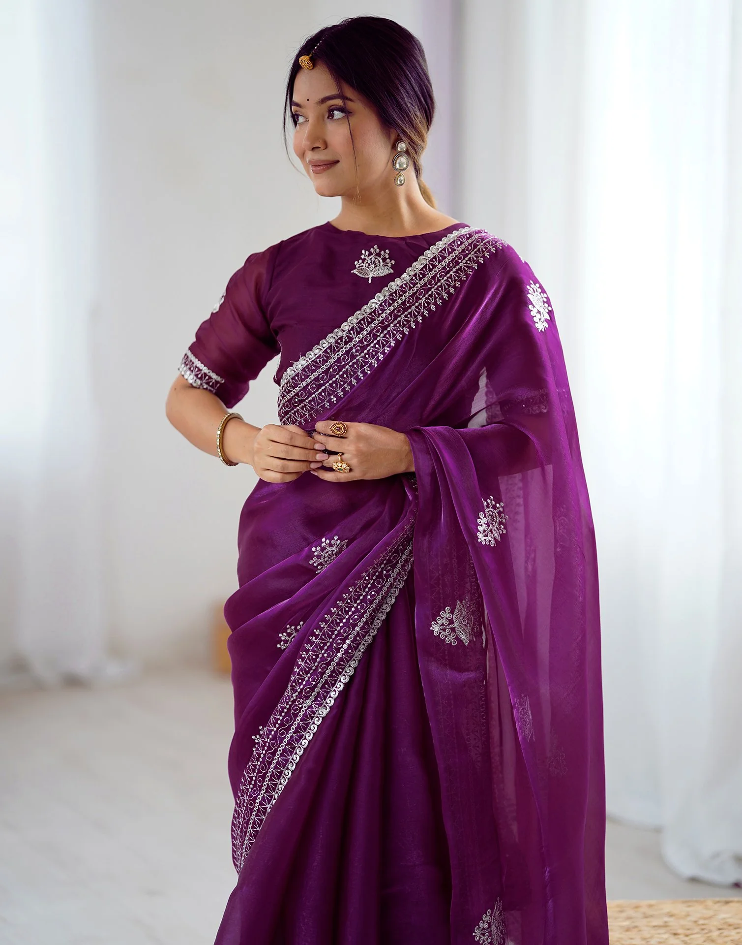 Dark Purple Tissue Silk Embroidery Saree - Image 10