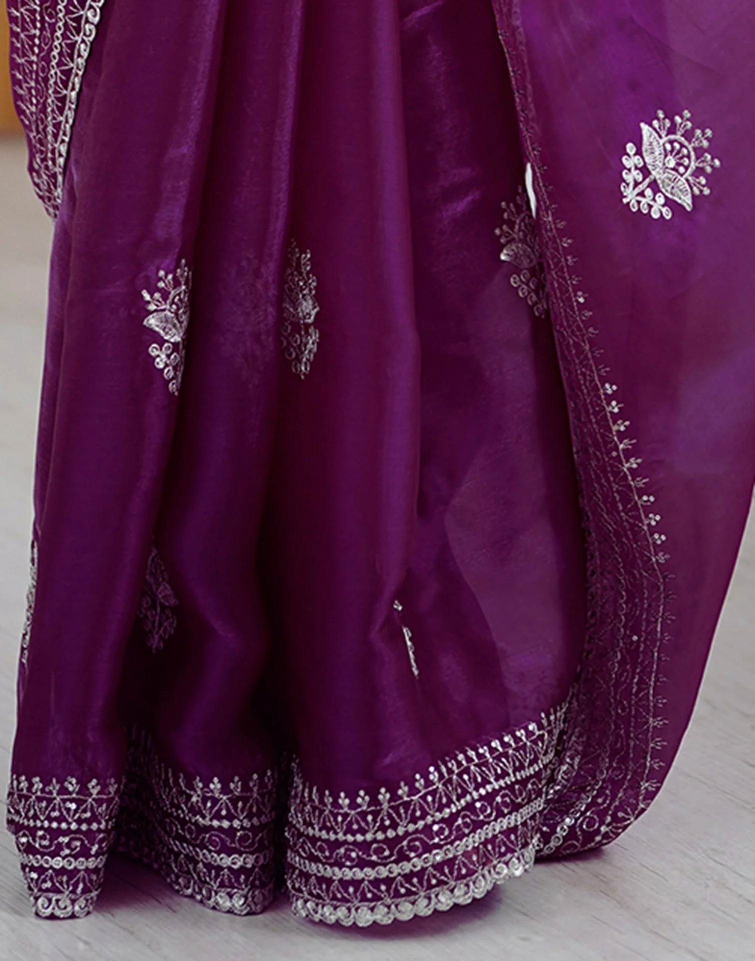 Dark Purple Tissue Silk Embroidery Saree - Image 13