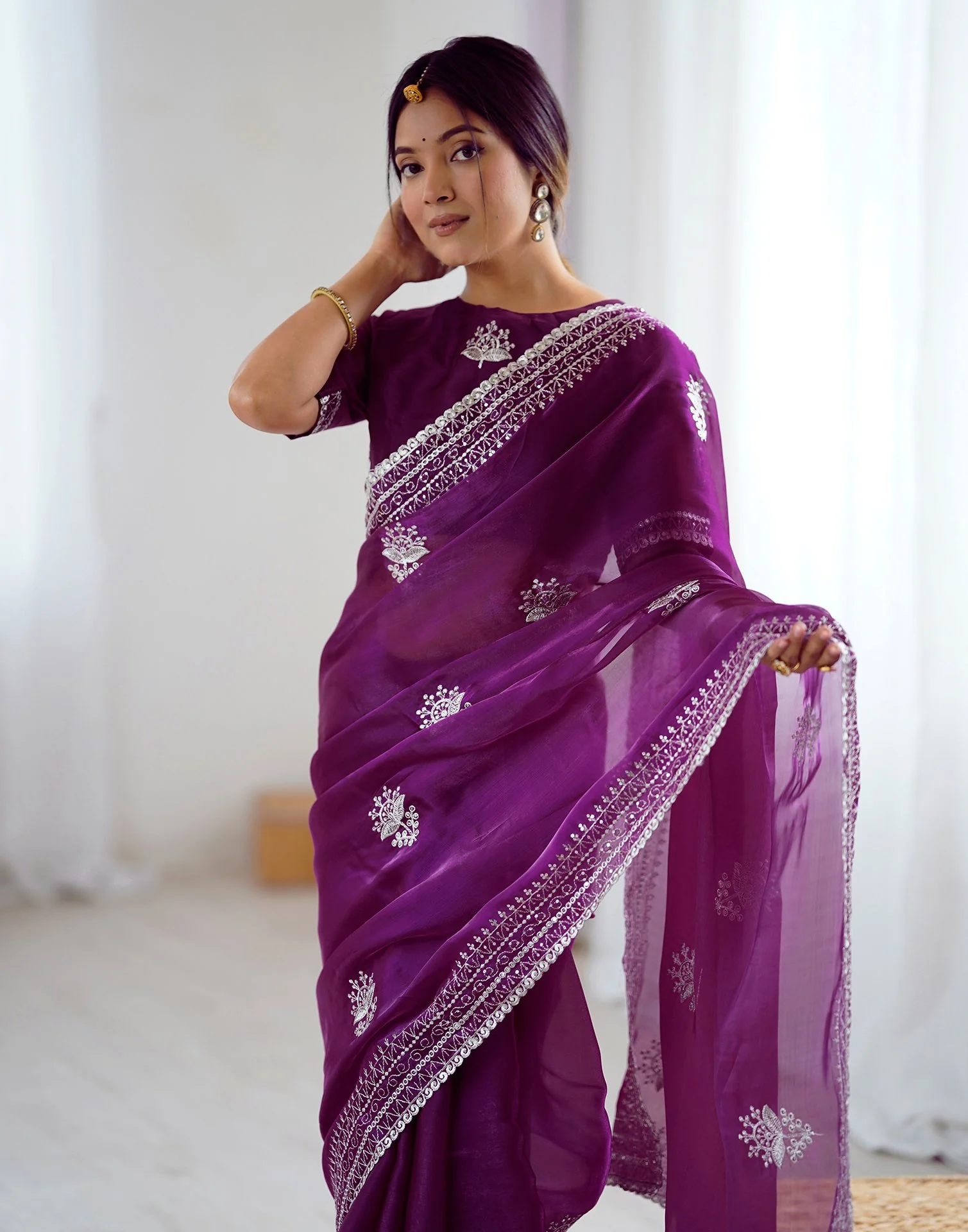 Dark Purple Tissue Silk Embroidery Saree - Image 2