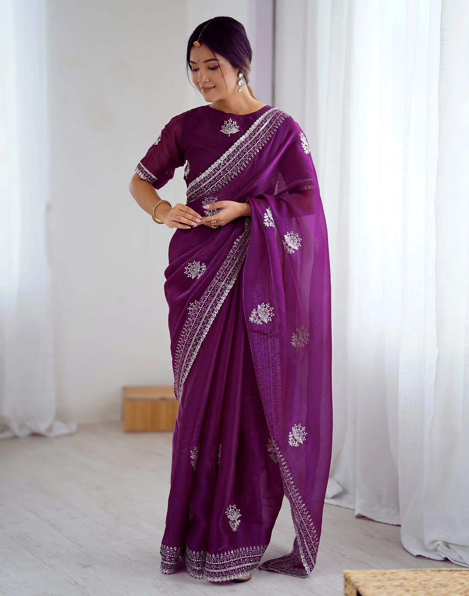 Dark Purple Tissue Silk Embroidery Saree - Image 5