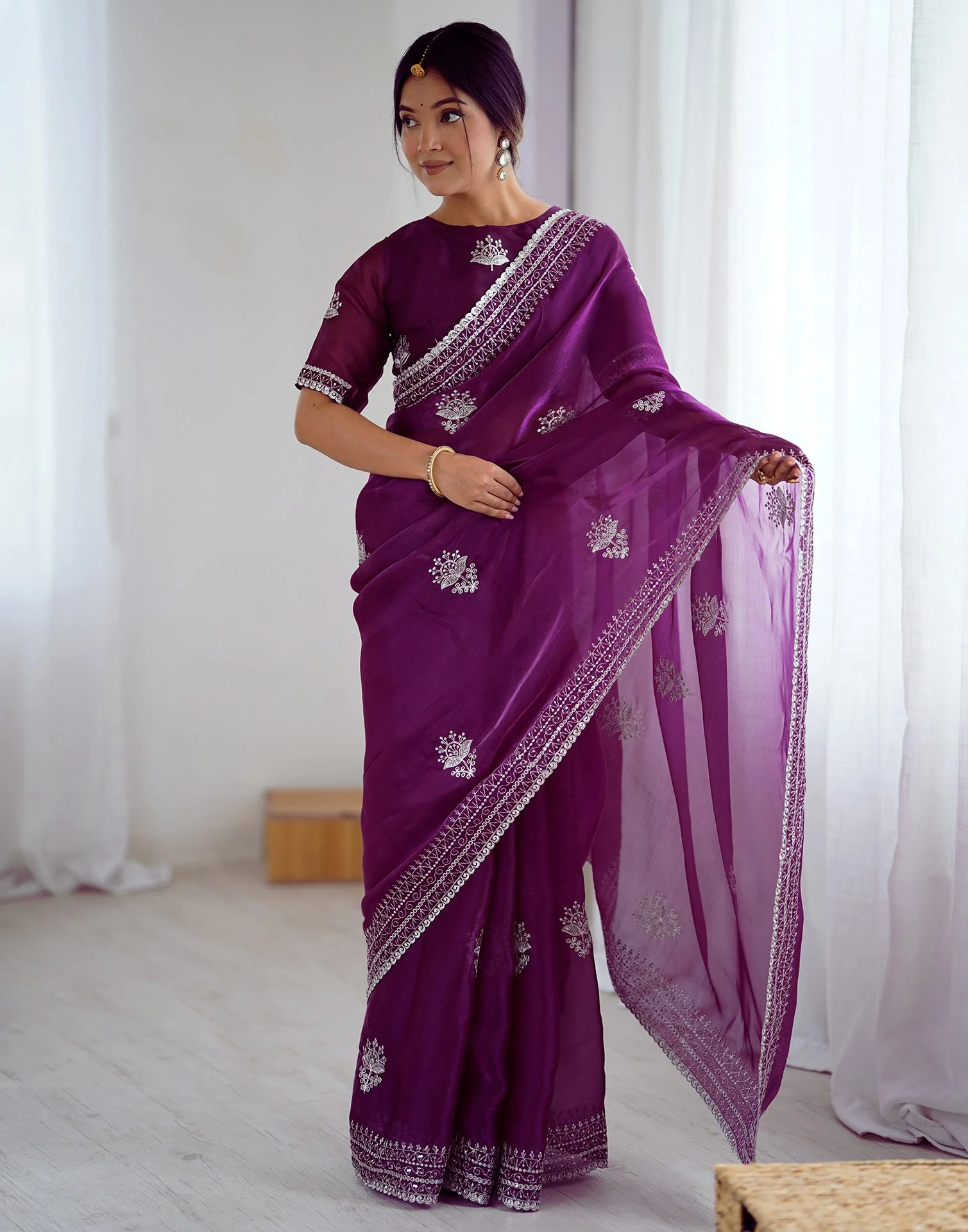 Dark Purple Tissue Silk Embroidery Saree - Image 8