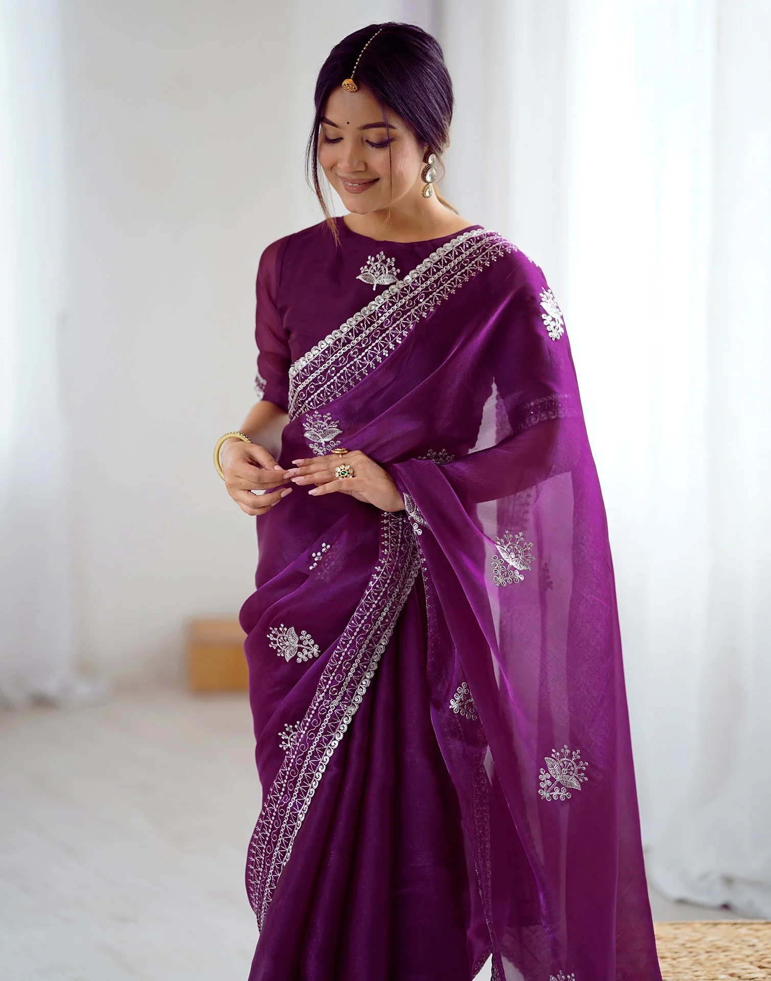 Dark Purple Tissue Silk Embroidery Saree - Image 9