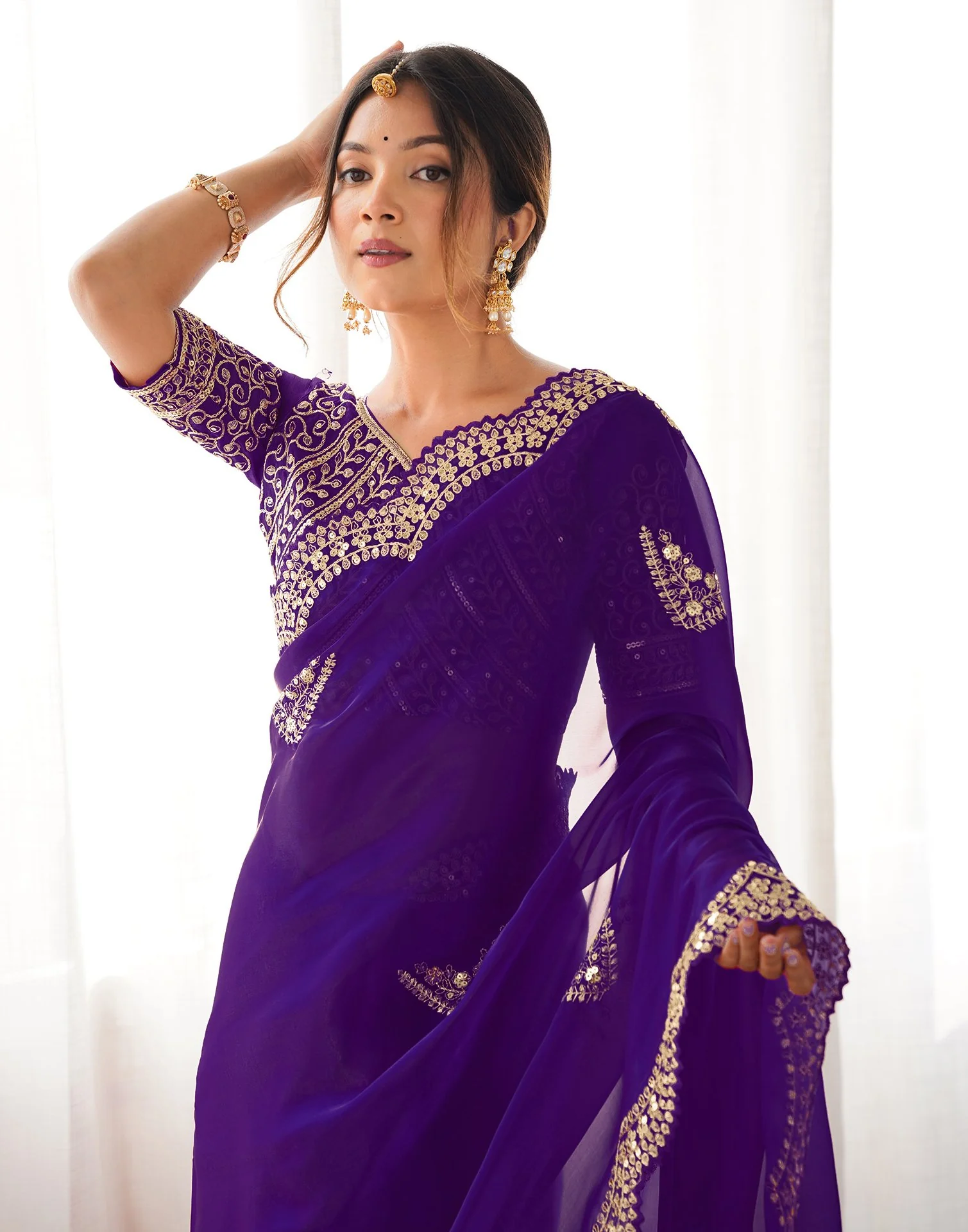 Dark Purple Tissue Silk Sequence Embroidery Saree - Image 4