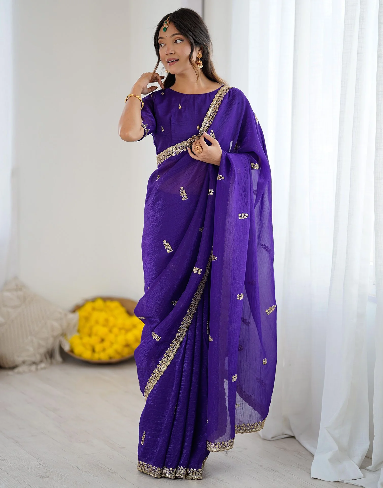 Dark Purple Tissue Silk Sequence Embroidery Saree - Image 11
