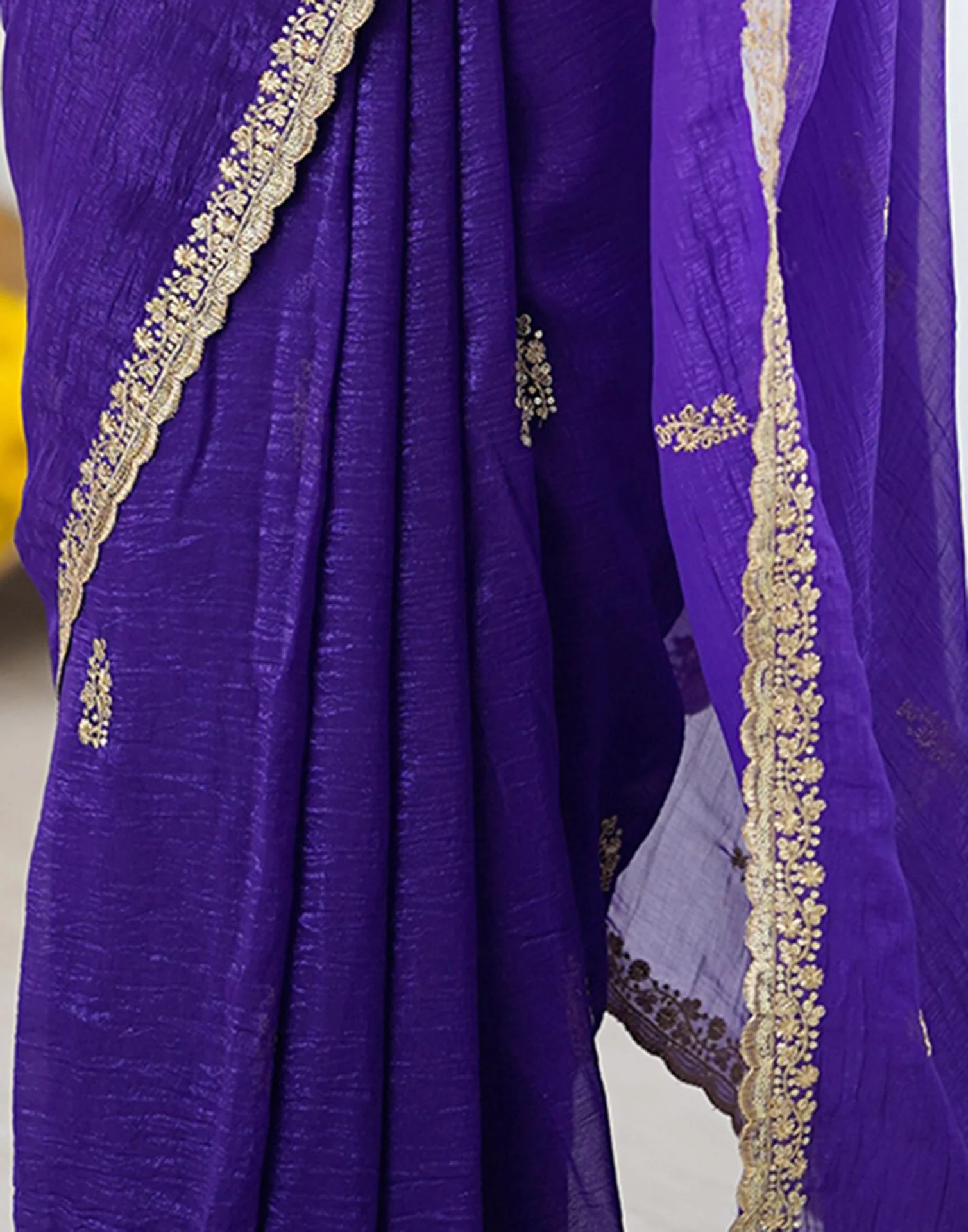 Dark Purple Tissue Silk Sequence Embroidery Saree - Image 12