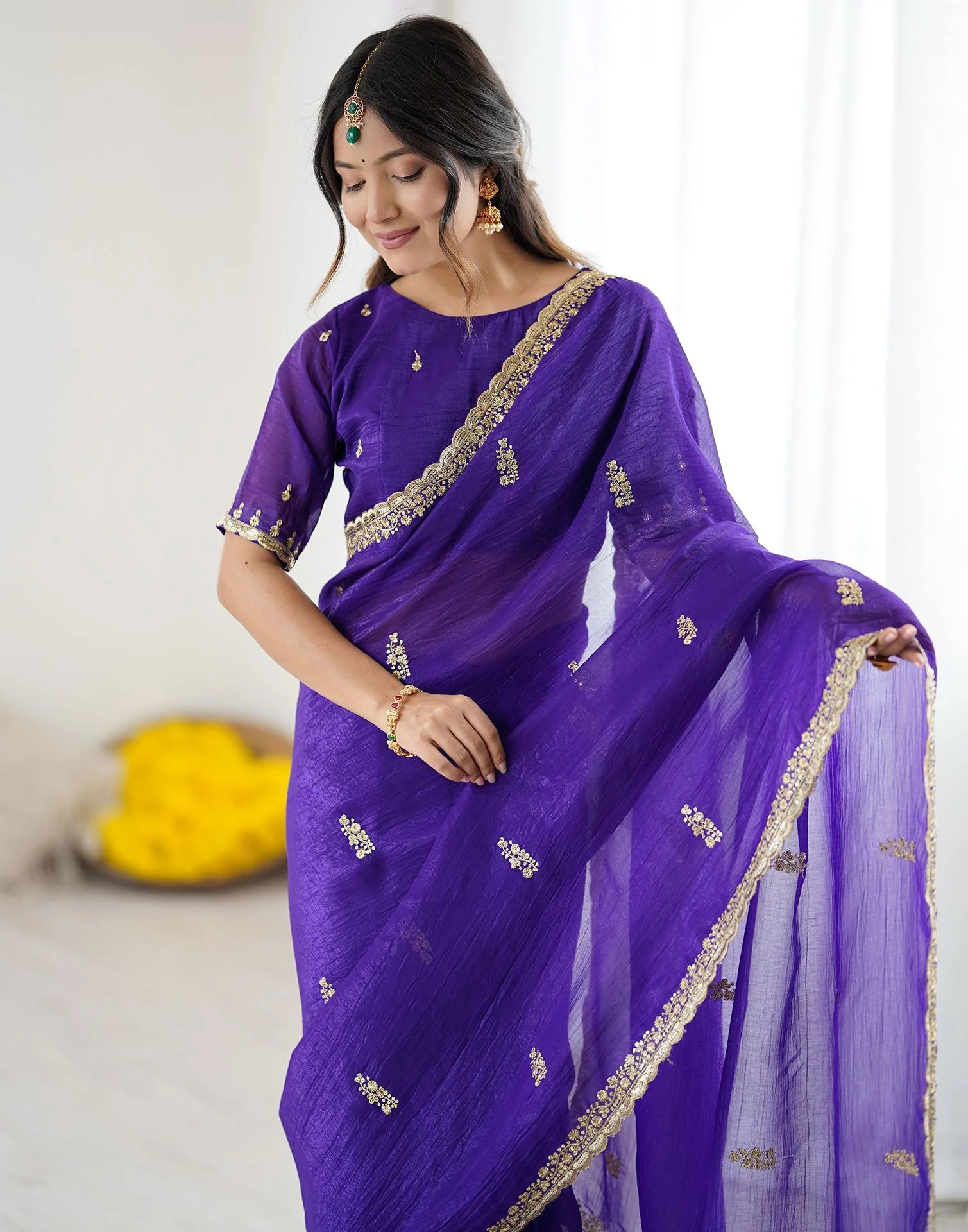 Dark Purple Tissue Silk Sequence Embroidery Saree - Image 5