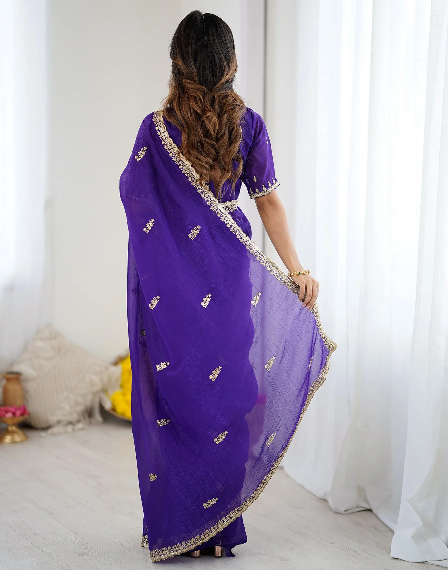 Dark Purple Tissue Silk Sequence Embroidery Saree - Image 8