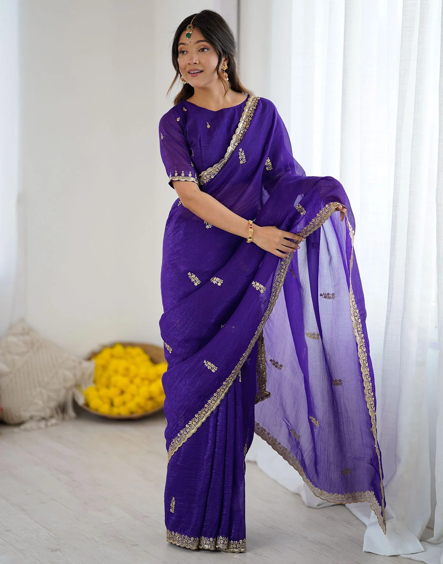 Dark Purple Tissue Silk Sequence Embroidery Saree - Image 9