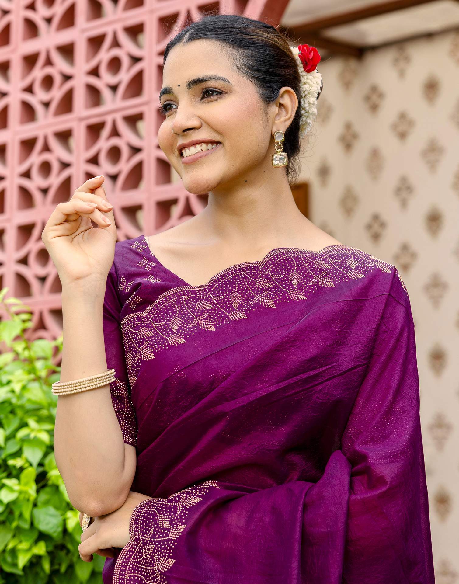 Dark Purple Tissue Silk Stone Work Swarovski Saree - Image 2