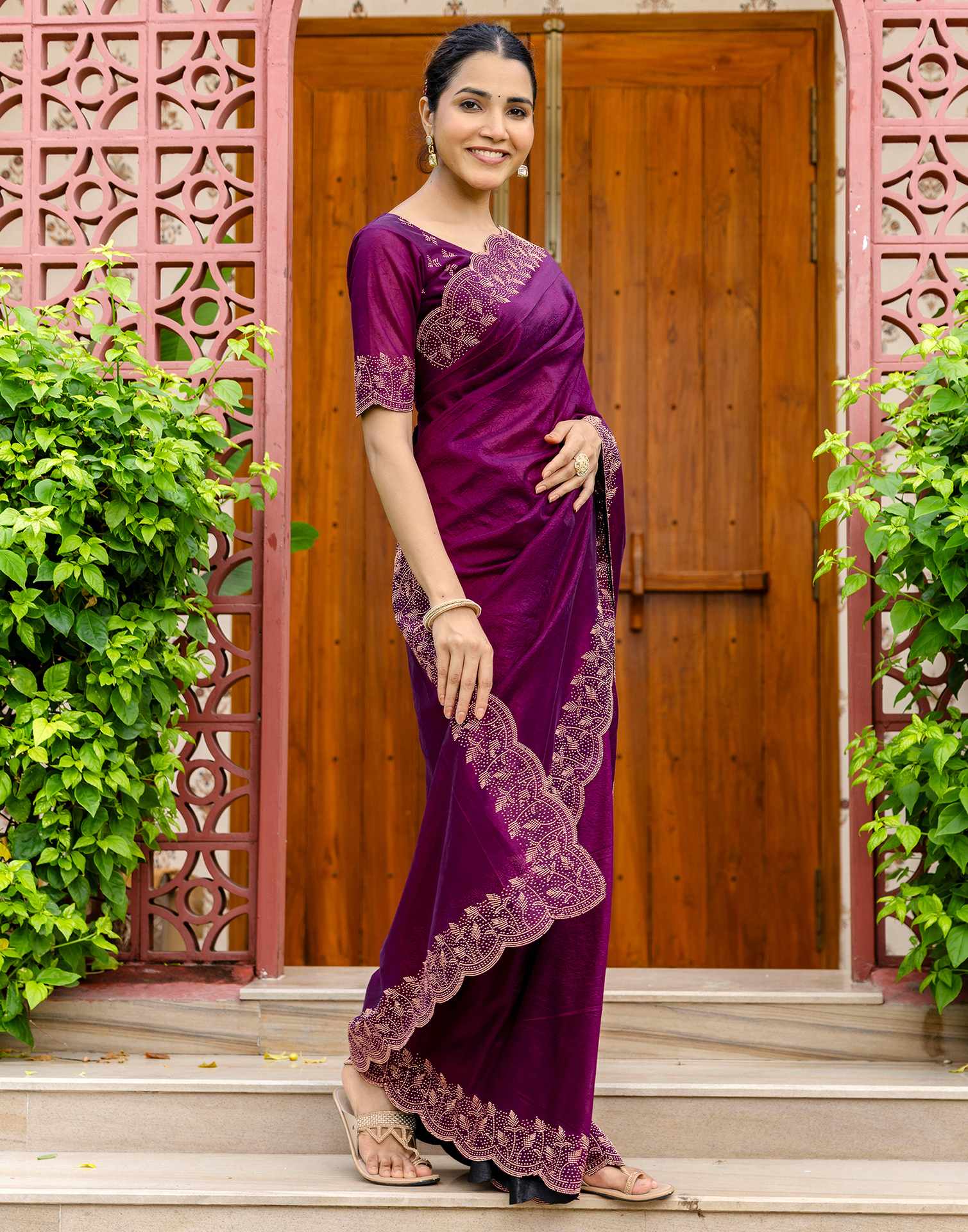 Dark Purple Tissue Silk Stone Work Swarovski Saree - Image 4