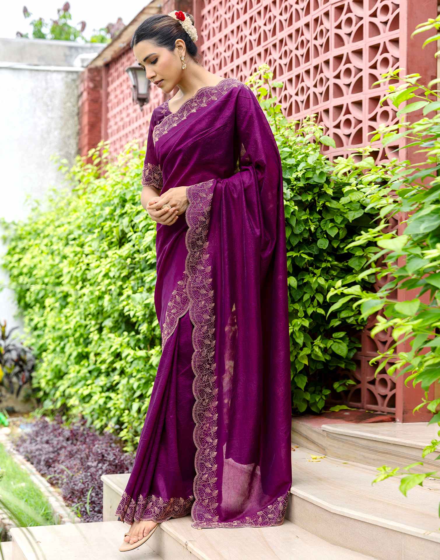 Dark Purple Tissue Silk Stone Work Swarovski Saree - Image 5