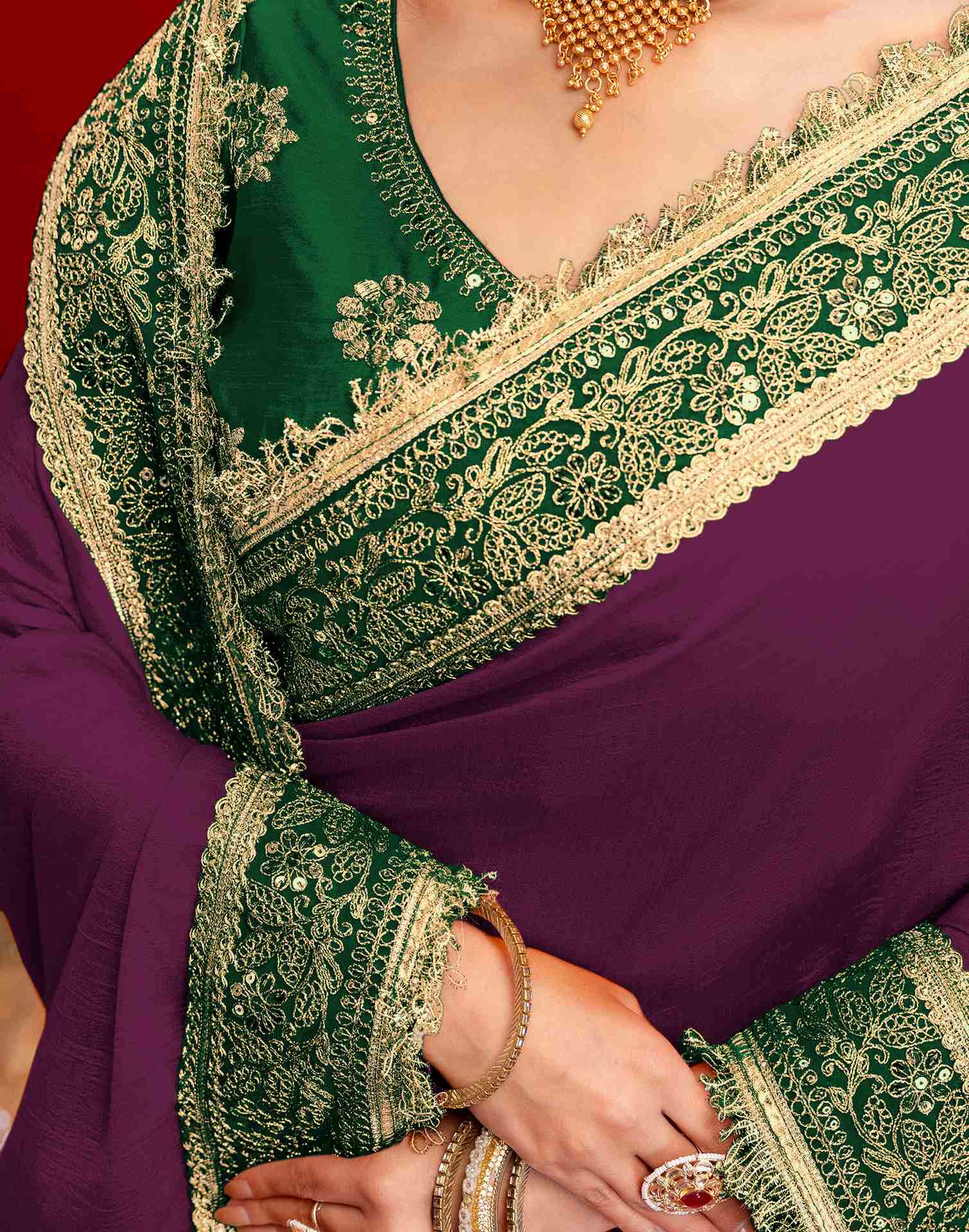 Dark Purple Vichitra Silk Sequence Embroidery Lace Saree - Image 10
