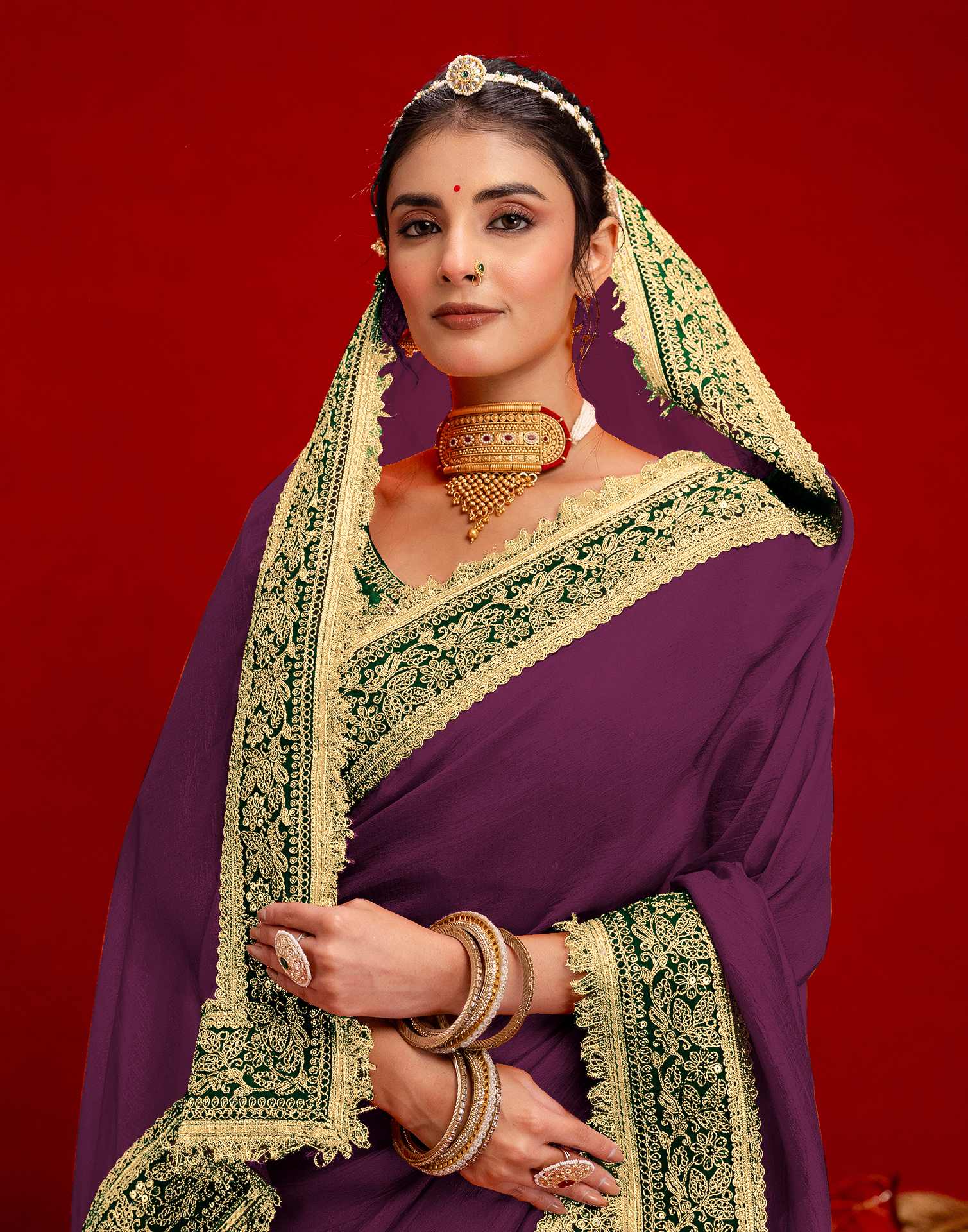 Dark Purple Vichitra Silk Sequence Embroidery Lace Saree - Image 2