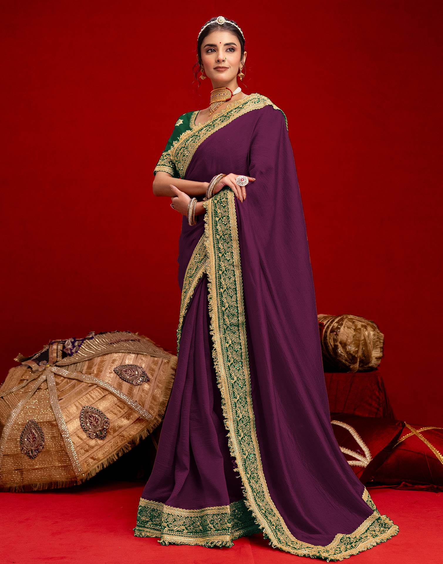Dark Purple Vichitra Silk Sequence Embroidery Lace Saree - Image 6