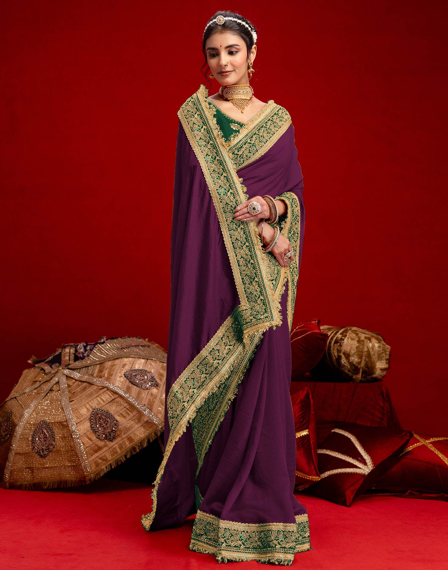 Dark Purple Vichitra Silk Sequence Embroidery Lace Saree - Image 7