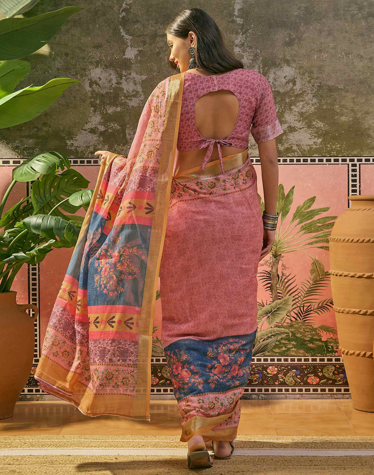 Dark Rama Blue Linen Printed Saree - Image 7