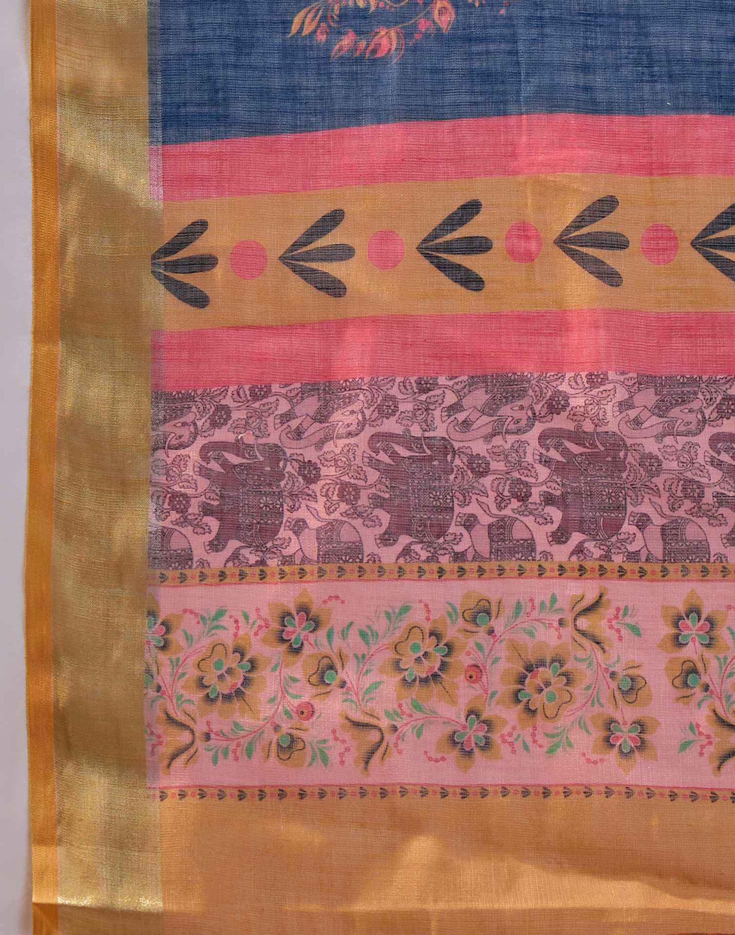 Dark Rama Blue Linen Printed Saree - Image 9