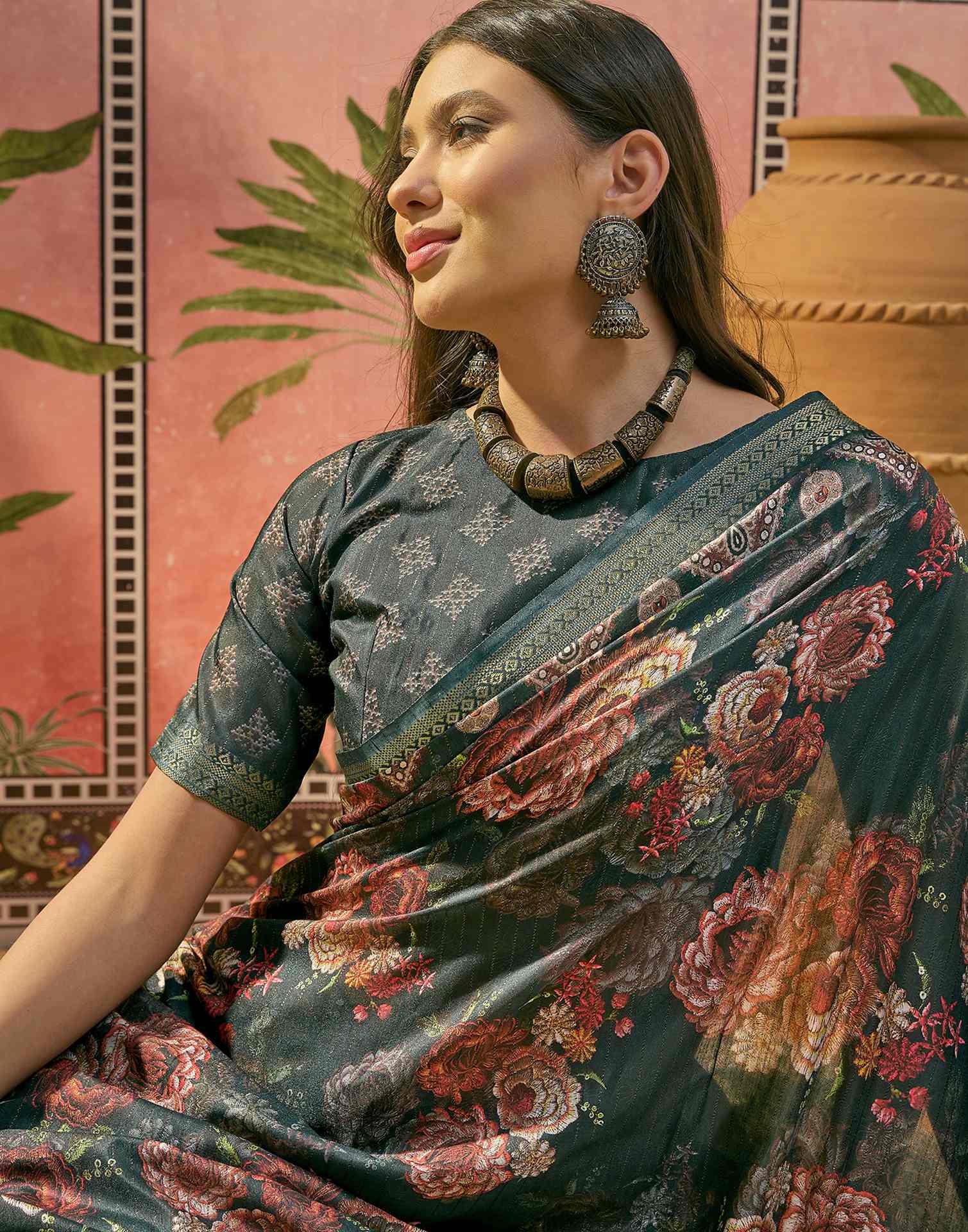 Dark Rama Blue Silk Floral Printed Zari Stripe Saree - Image 2