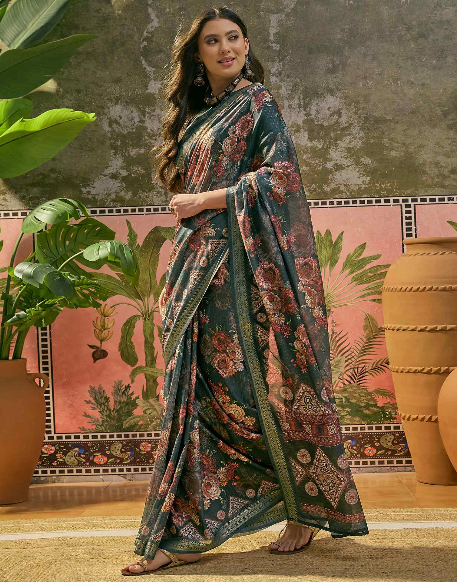 Dark Rama Blue Silk Floral Printed Zari Stripe Saree - Image 5