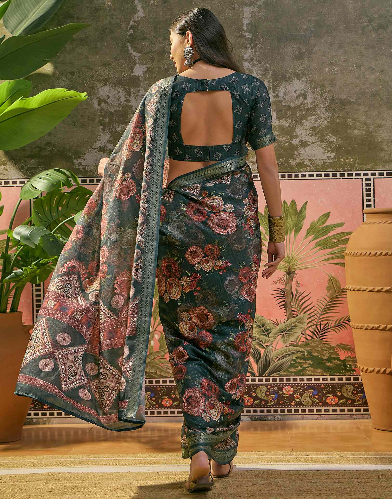 Dark Rama Blue Silk Floral Printed Zari Stripe Saree - Image 7