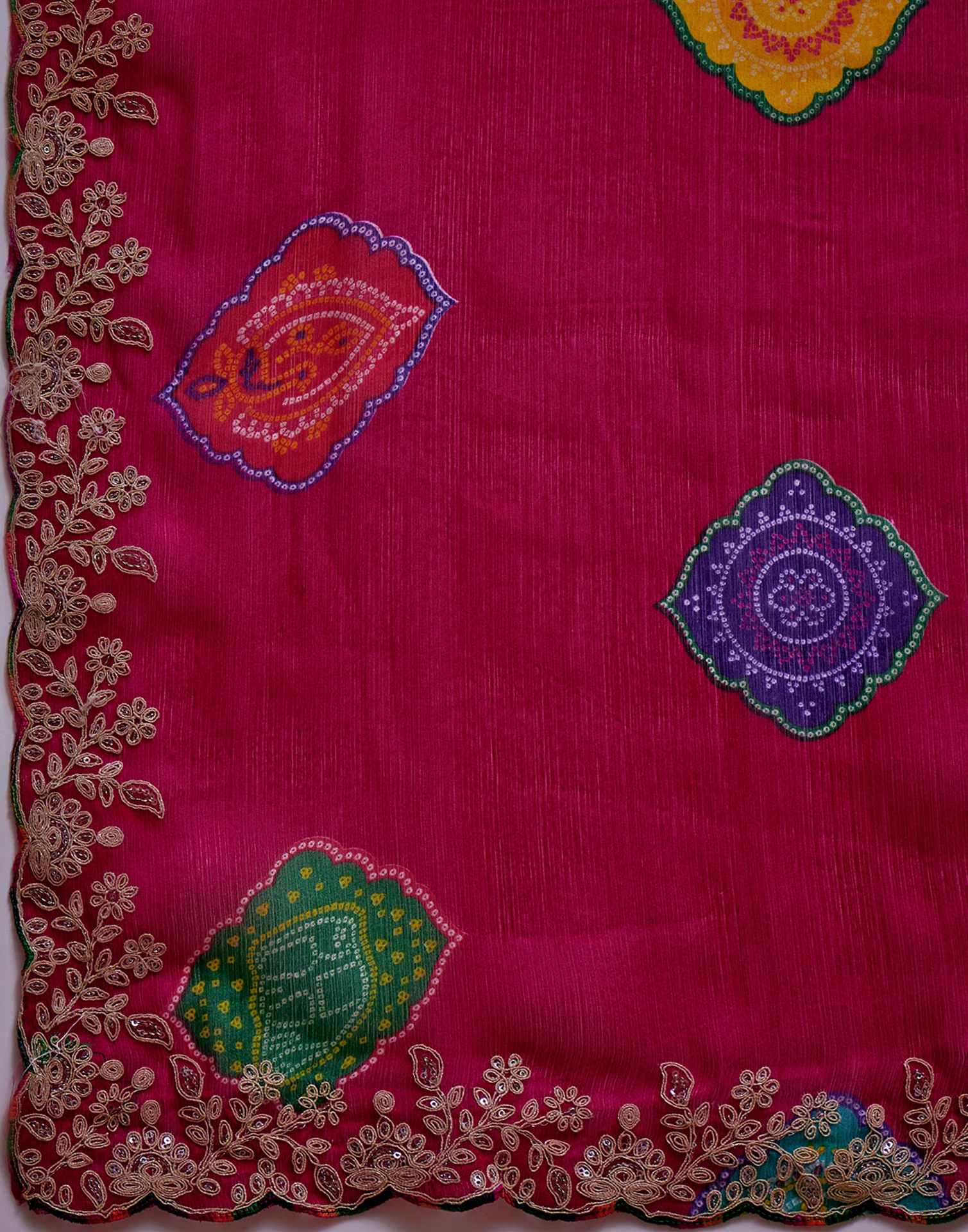 Dark Rani Pink Chiffon Bandhani Printed Embroidery Saree - Image 10