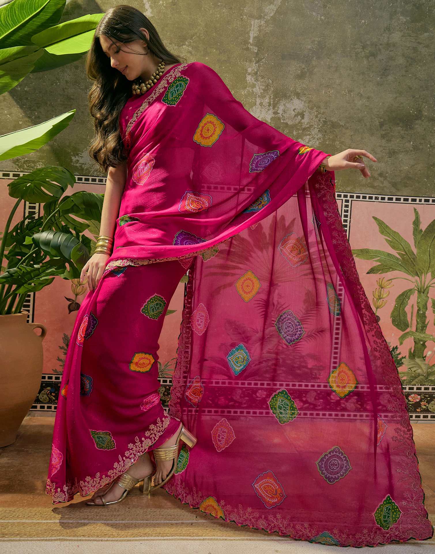Dark Rani Pink Chiffon Bandhani Printed Embroidery Saree - Image 5