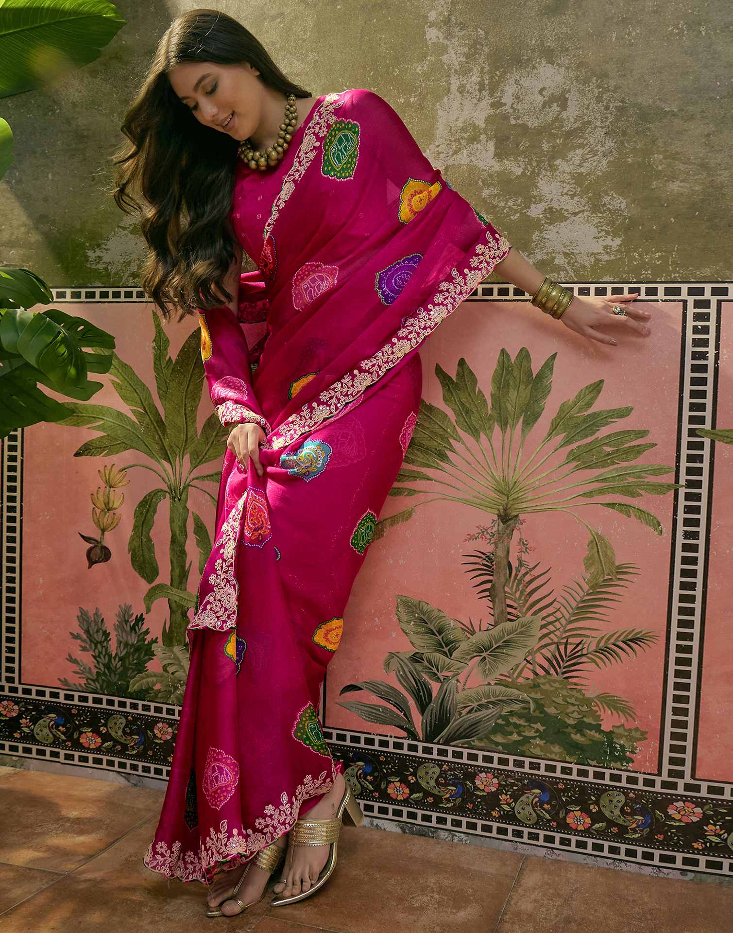 Dark Rani Pink Chiffon Bandhani Printed Embroidery Saree - Image 6