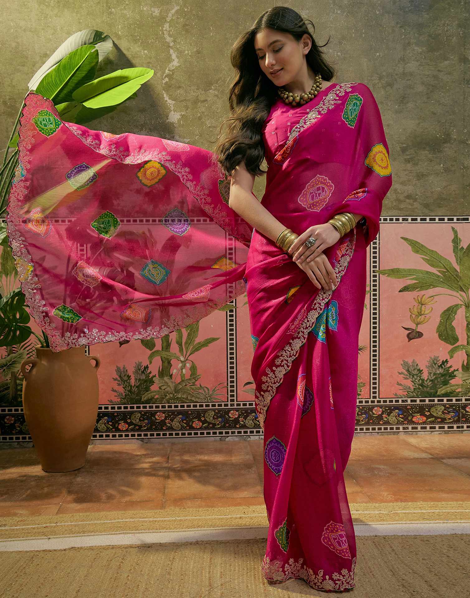 Dark Rani Pink Chiffon Bandhani Printed Embroidery Saree - Image 8