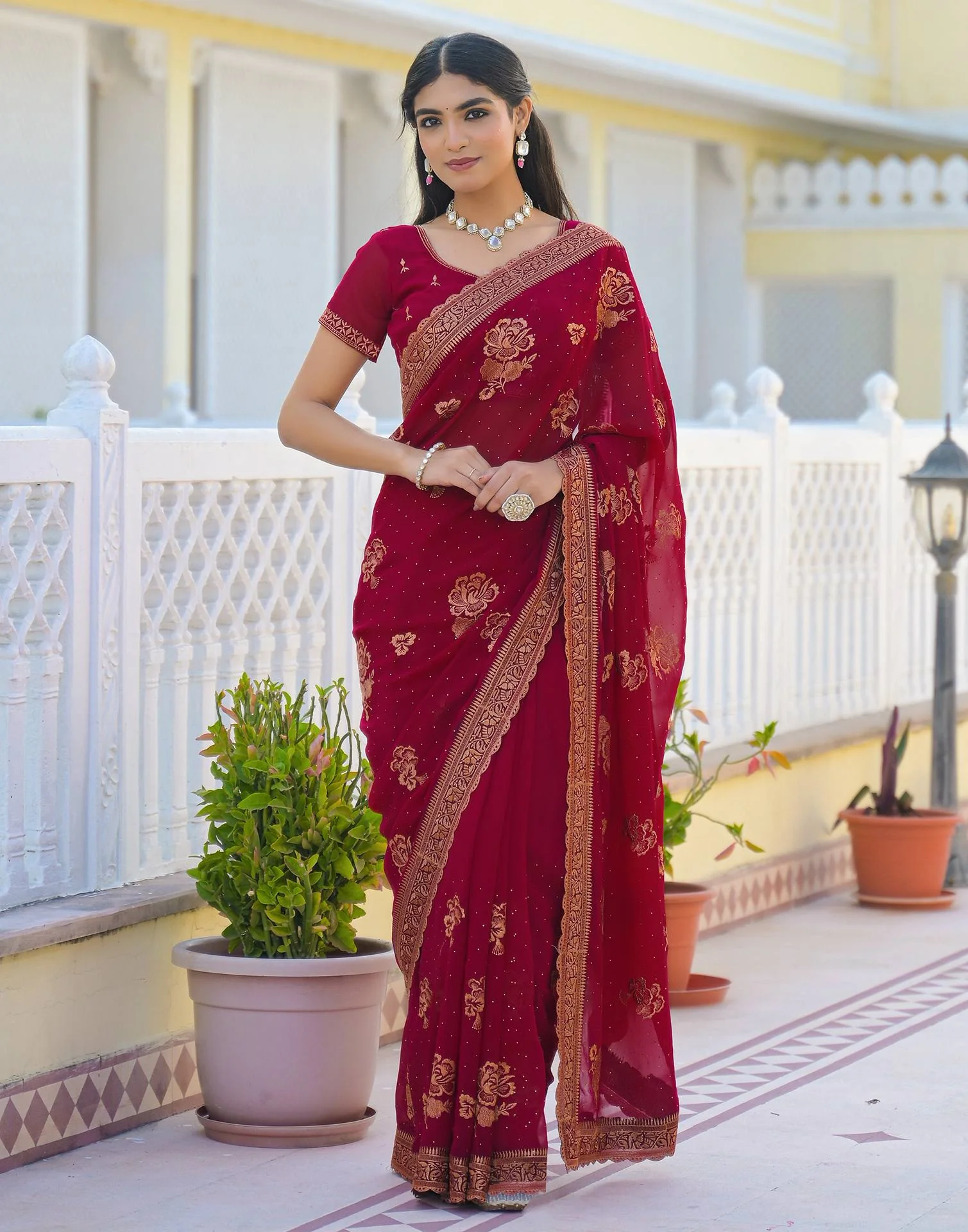 Dark Rani Pink Georgette Embroidery Embellished Saree - Image 2