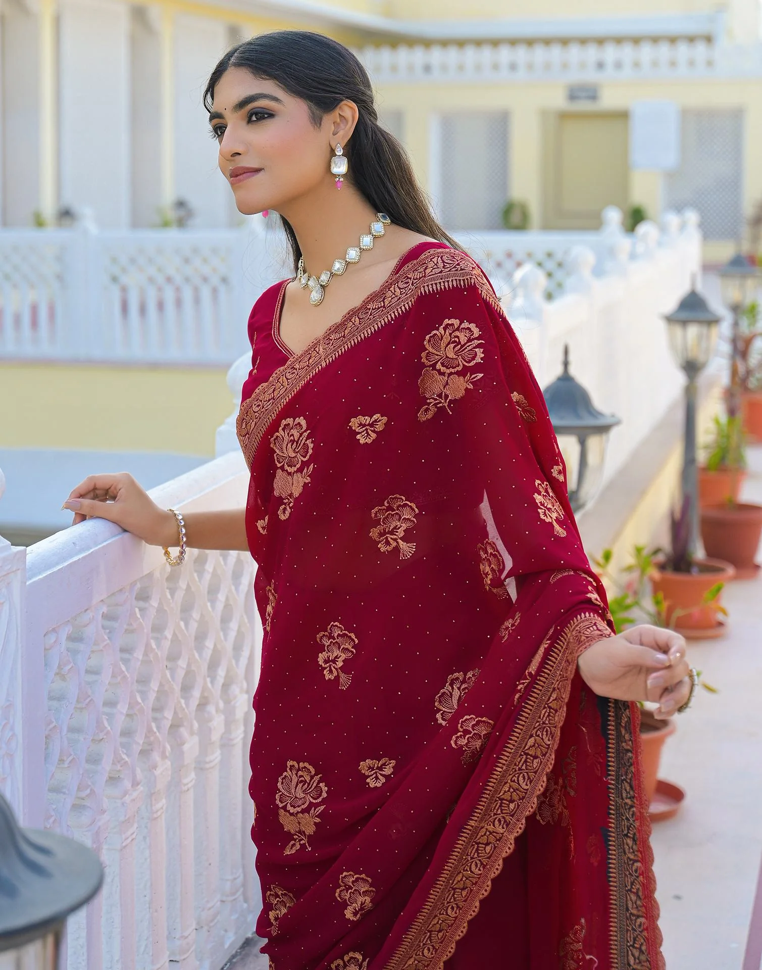 Dark Rani Pink Georgette Embroidery Embellished Saree - Image 4