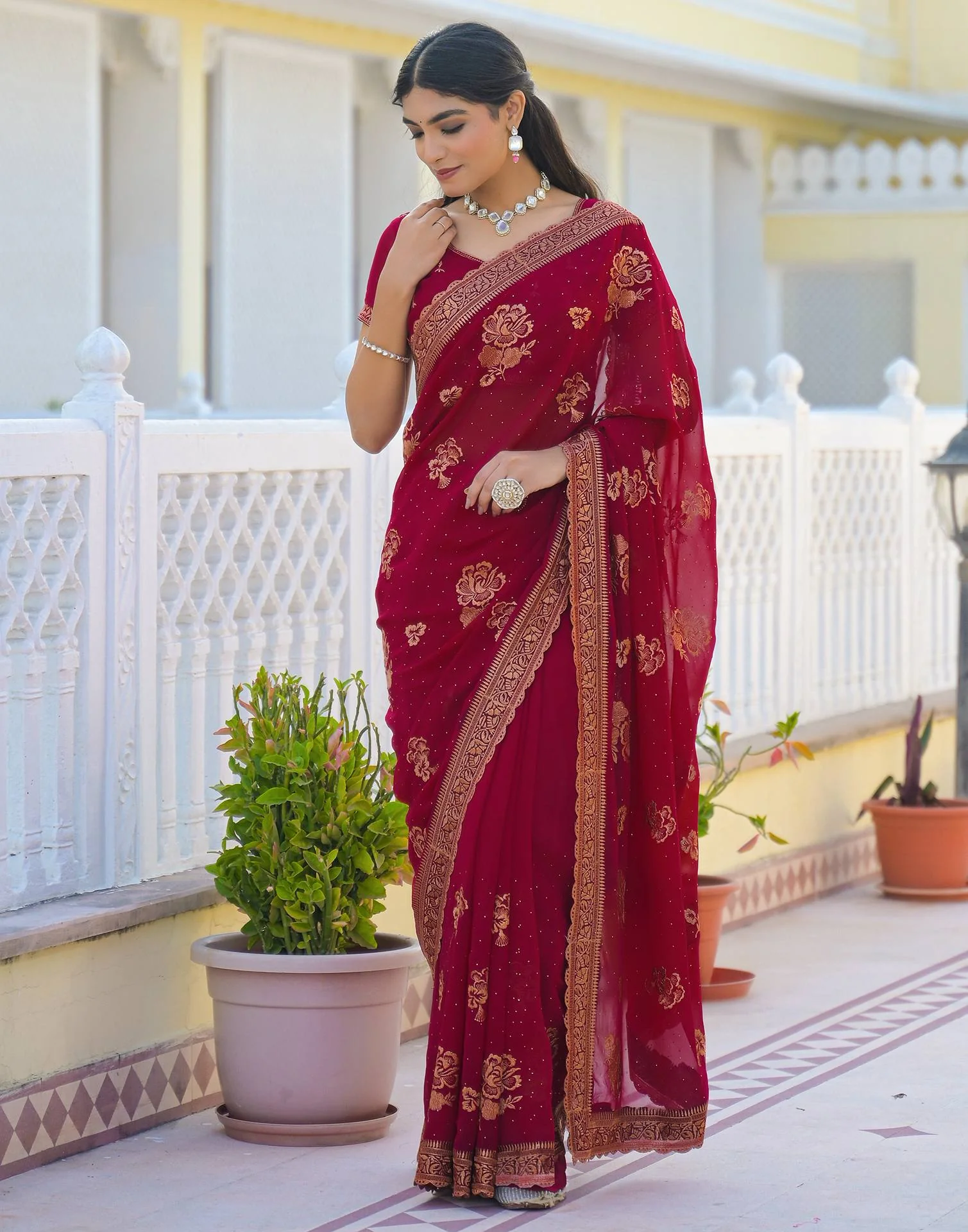 Dark Rani Pink Georgette Embroidery Embellished Saree - Image 5